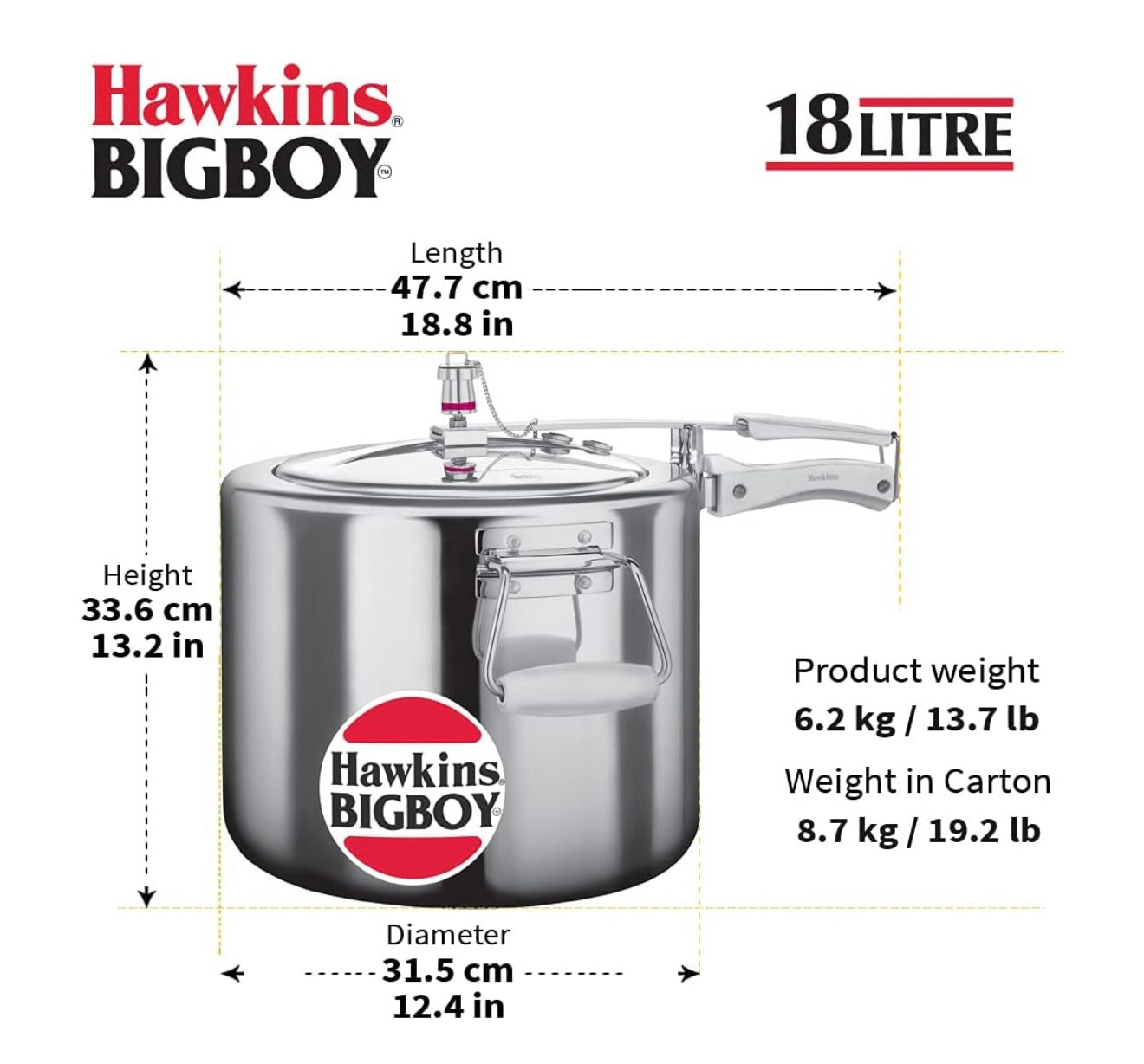 Hawkins 18 Litre Bigboy Pressure Cooker, Big Inner Lid Cooker, Silver (BB18), Aluminium