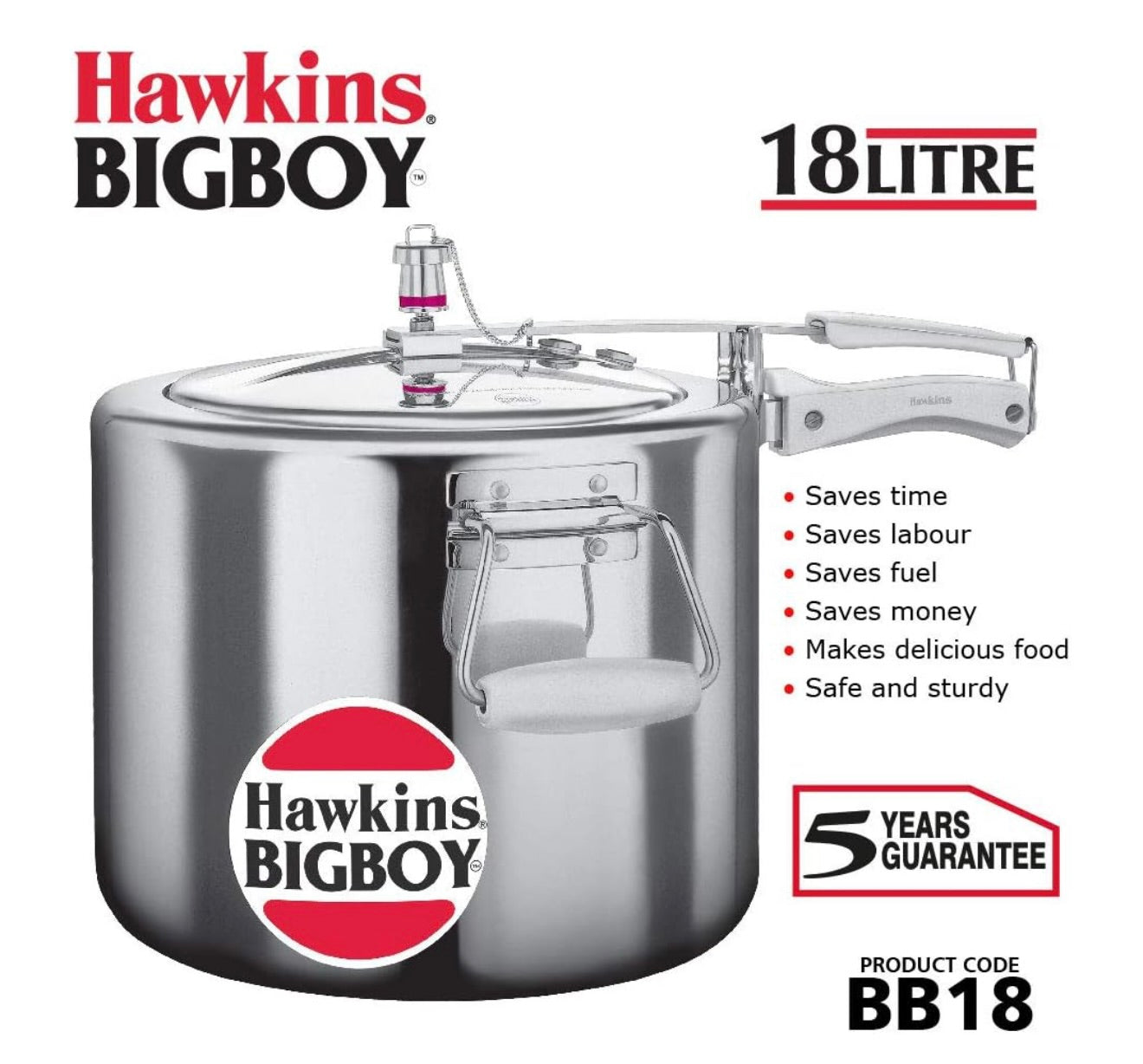 Hawkins 18 Litre Bigboy Pressure Cooker, Big Inner Lid Cooker, Silver (BB18), Aluminium