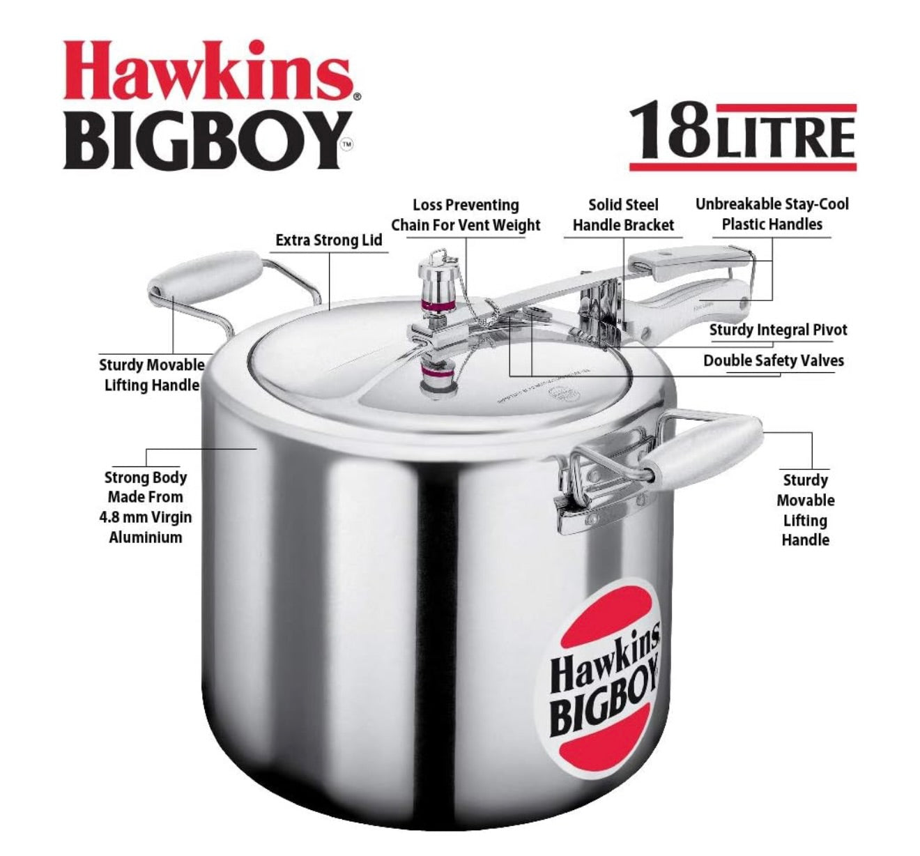 Hawkins 18 Litre Bigboy Pressure Cooker, Big Inner Lid Cooker, Silver (BB18), Aluminium