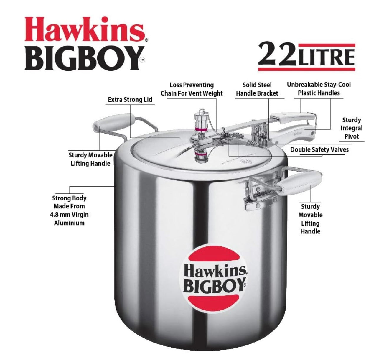 Hawkins Bigboy Aluminum Pressure Cooker, 22 Litres