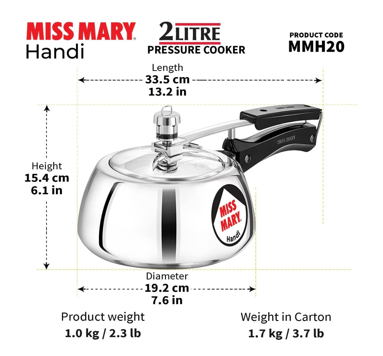 Hawkins 2 Litre Miss Mary Handi Pressure Cooker, Small Inner Lid Cooker, Silver (MMH20),Aluminium