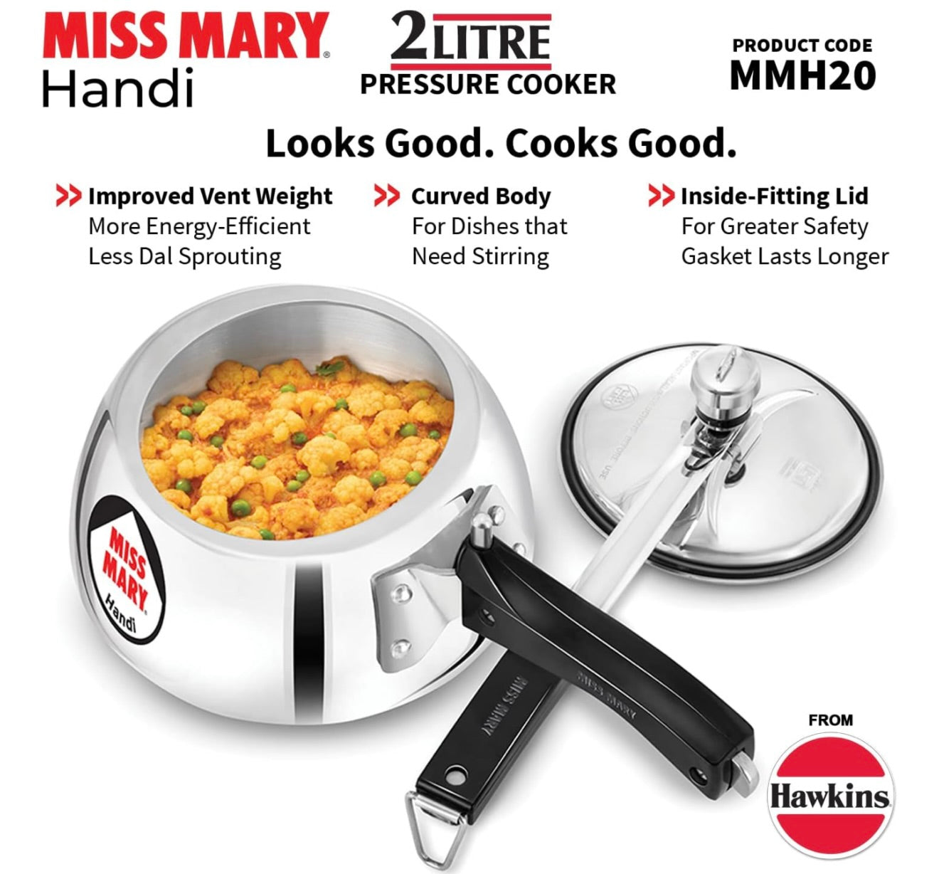 Hawkins 2 Litre Miss Mary Handi Pressure Cooker, Small Inner Lid Cooker, Silver (MMH20),Aluminium