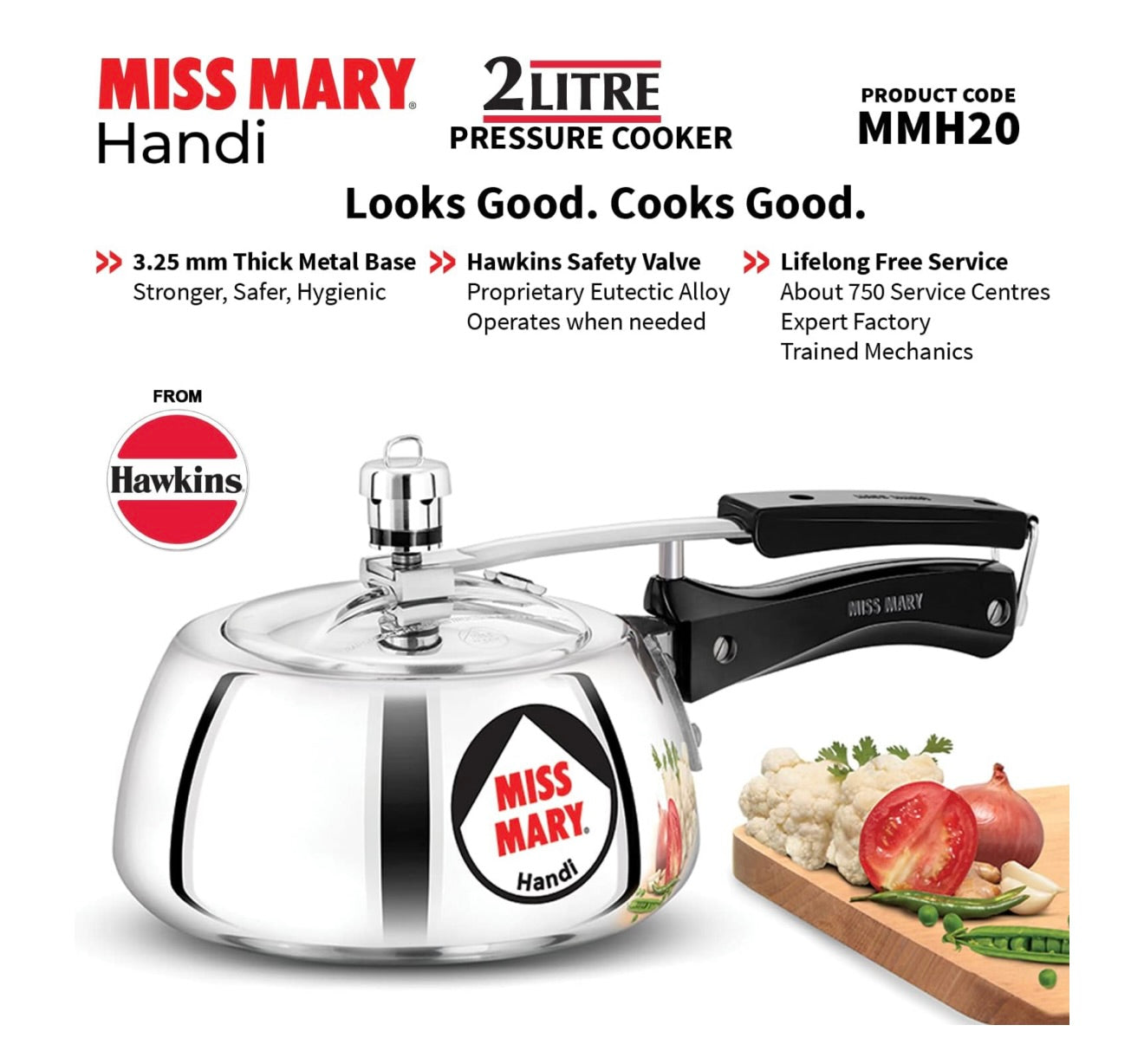 Hawkins 2 Litre Miss Mary Handi Pressure Cooker, Small Inner Lid Cooker, Silver (MMH20),Aluminium