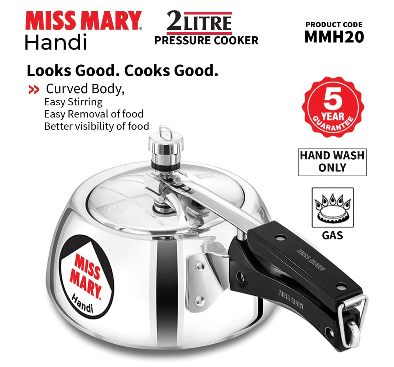 Hawkins 2 Litre Miss Mary Handi Pressure Cooker, Small Inner Lid Cooker, Silver (MMH20),Aluminium