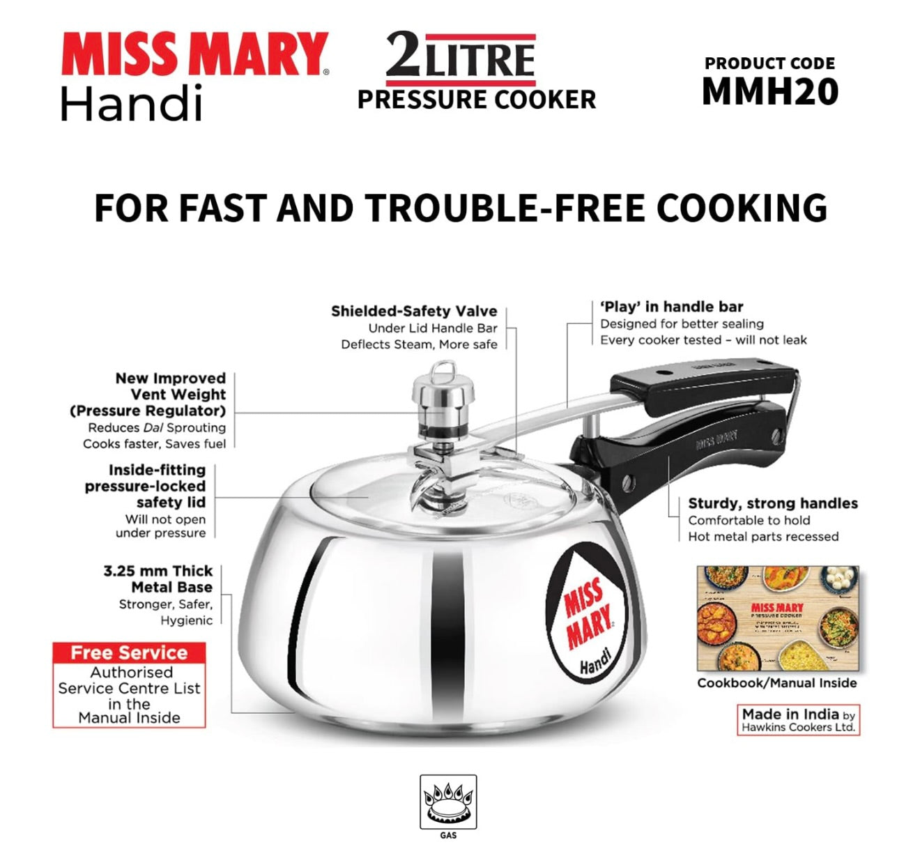 Hawkins 2 Litre Miss Mary Handi Pressure Cooker, Small Inner Lid Cooker, Silver (MMH20),Aluminium