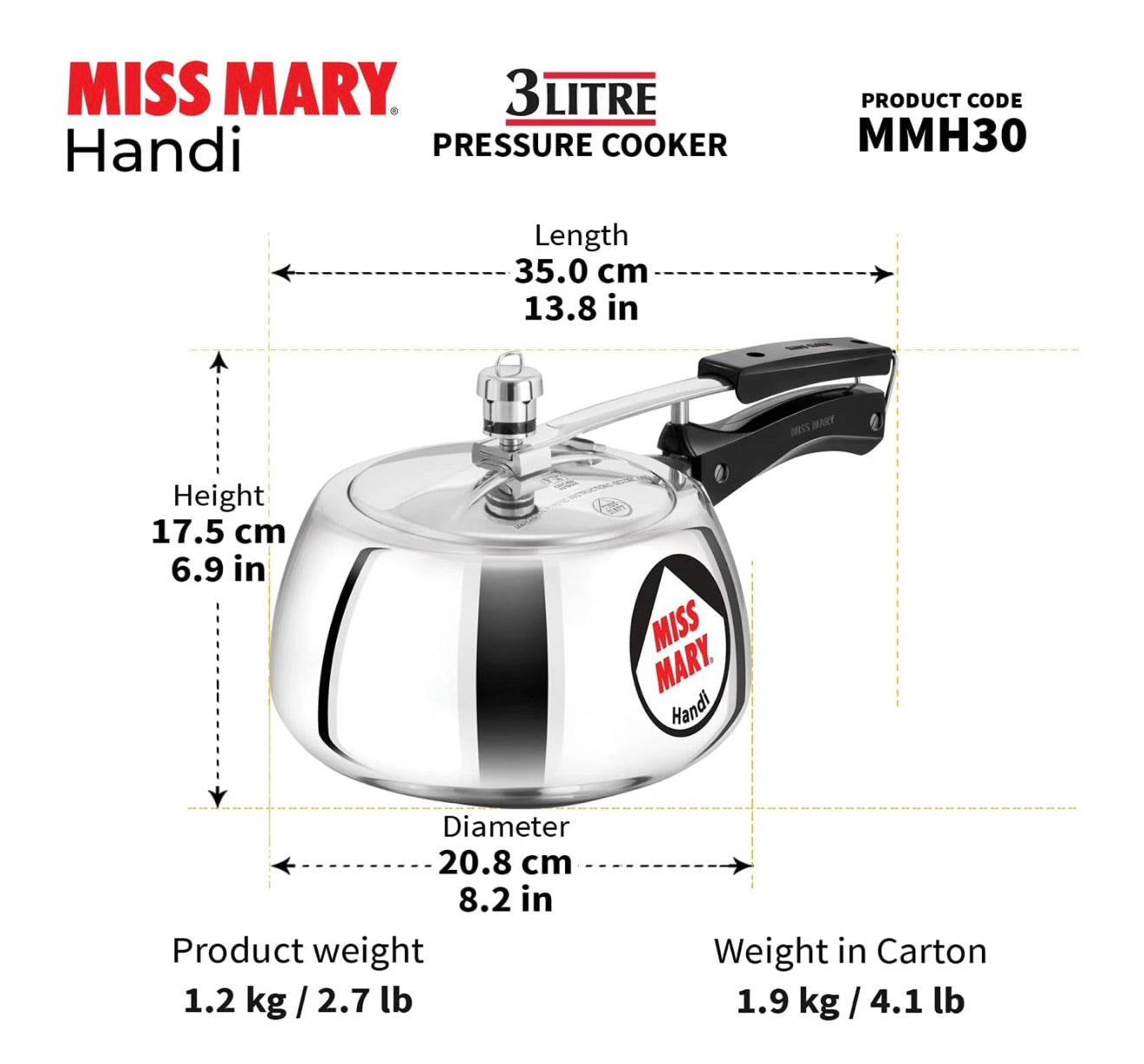 Hawkins 3 Litre Miss Mary Handi Pressure Cooker, Inner Lid Cooker, Silver (MMH30) Aluminium