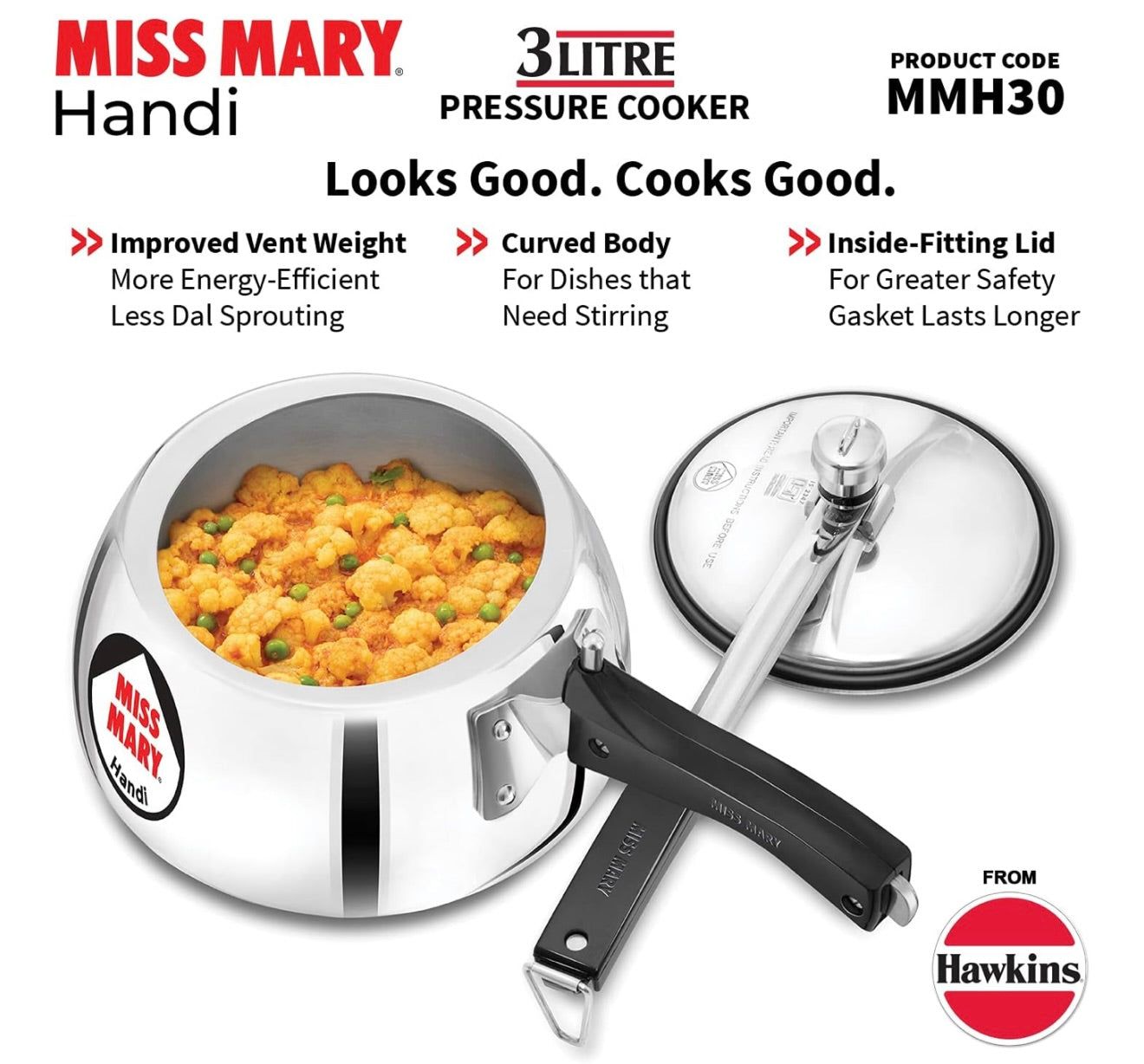 Hawkins 3 Litre Miss Mary Handi Pressure Cooker, Inner Lid Cooker, Silver (MMH30) Aluminium