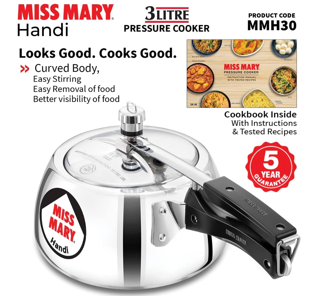 Hawkins 3 Litre Miss Mary Handi Pressure Cooker, Inner Lid Cooker, Silver (MMH30) Aluminium