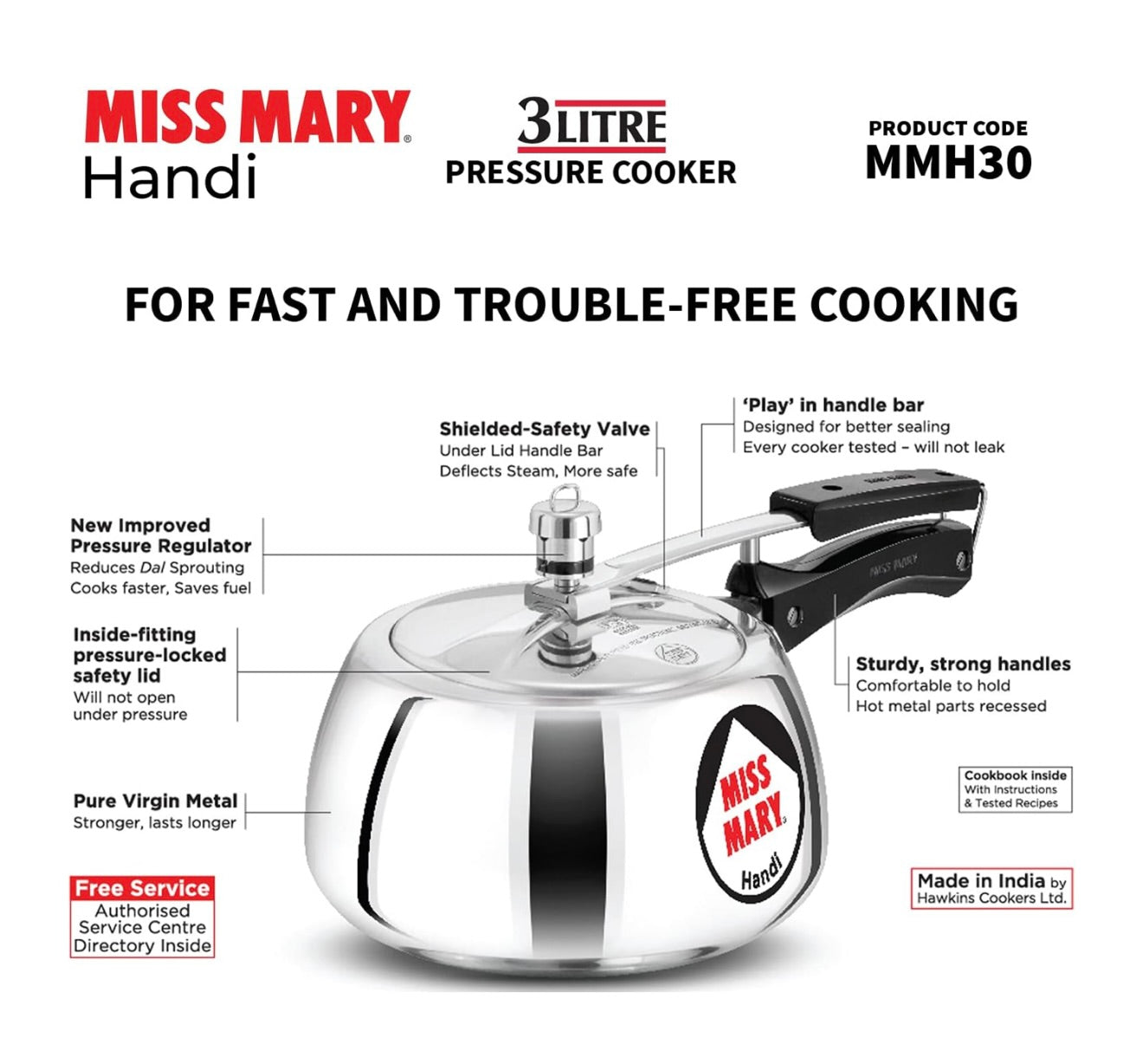 Hawkins 3 Litre Miss Mary Handi Pressure Cooker, Inner Lid Cooker, Silver (MMH30) Aluminium