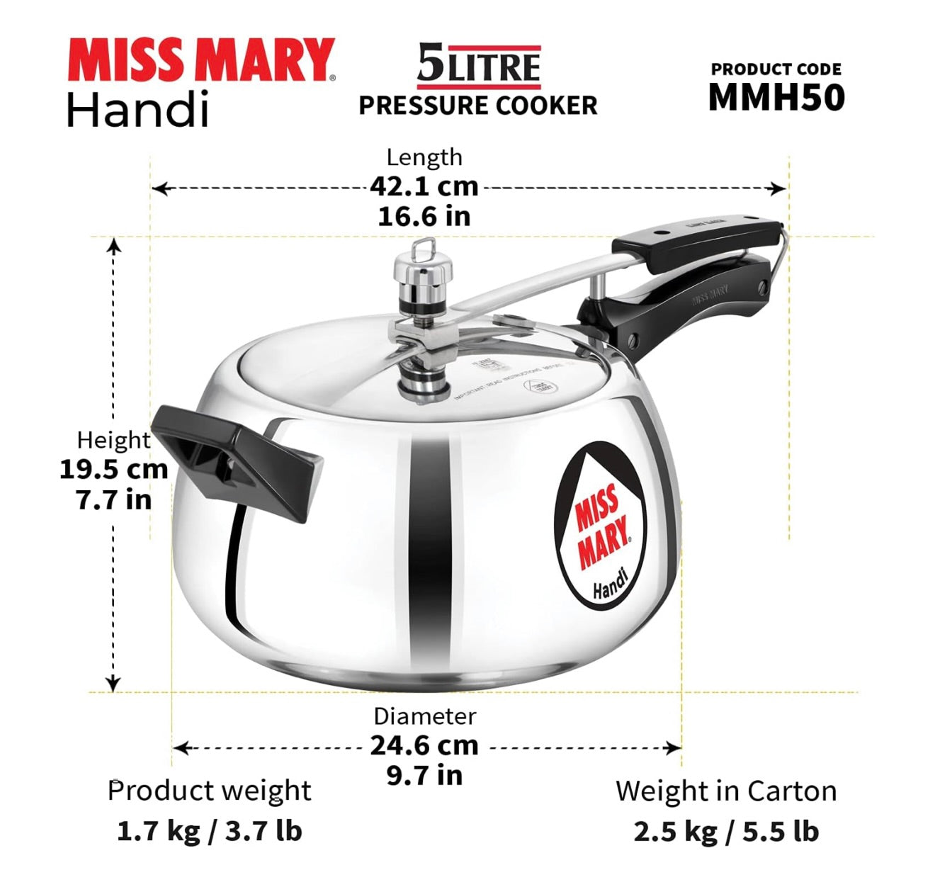 Hawkins 5 Litre Miss Mary Handi Pressure Cooker, Inner Lid Cooker, Silver (MMH50) Aluminium