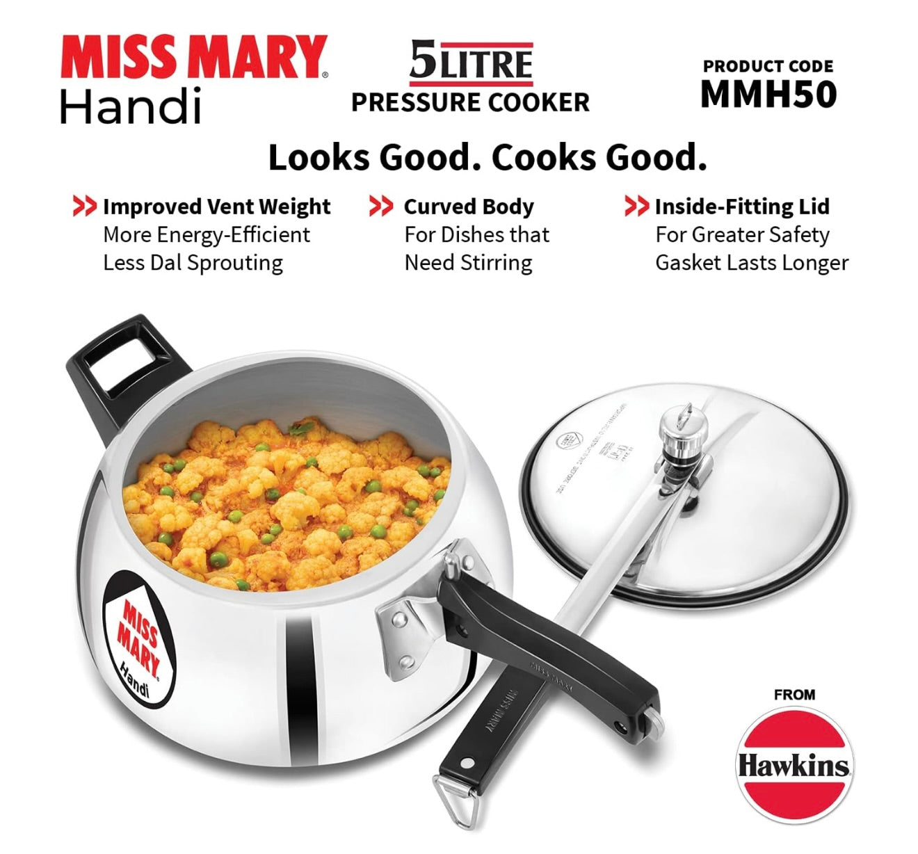 Hawkins 5 Litre Miss Mary Handi Pressure Cooker, Inner Lid Cooker, Silver (MMH50) Aluminium