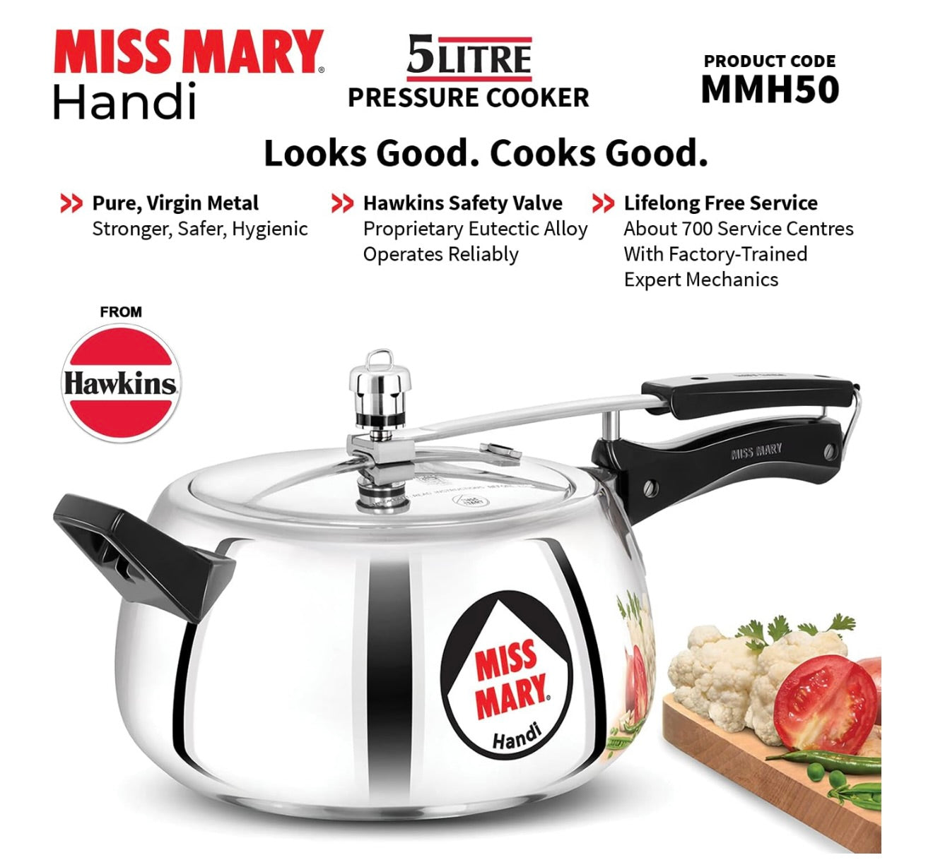 Hawkins 5 Litre Miss Mary Handi Pressure Cooker, Inner Lid Cooker, Silver (MMH50) Aluminium