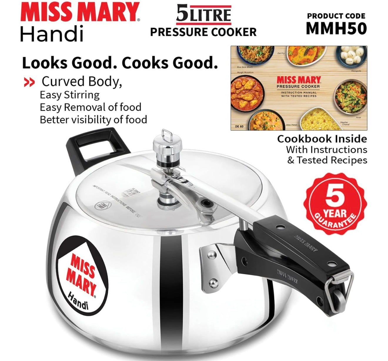 Hawkins 5 Litre Miss Mary Handi Pressure Cooker, Inner Lid Cooker, Silver (MMH50) Aluminium