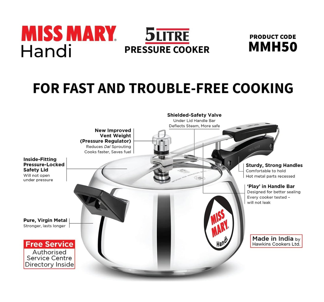 Hawkins 5 Litre Miss Mary Handi Pressure Cooker, Inner Lid Cooker, Silver (MMH50) Aluminium