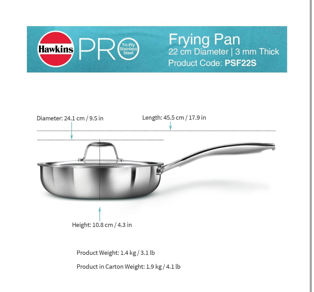 Hawkins Pro 22 cm Frying Pan, Triply Stainless Steel Fry Pan with Stainless Steel Handle and Stainless Steel Lid, Silver (PSF22S)