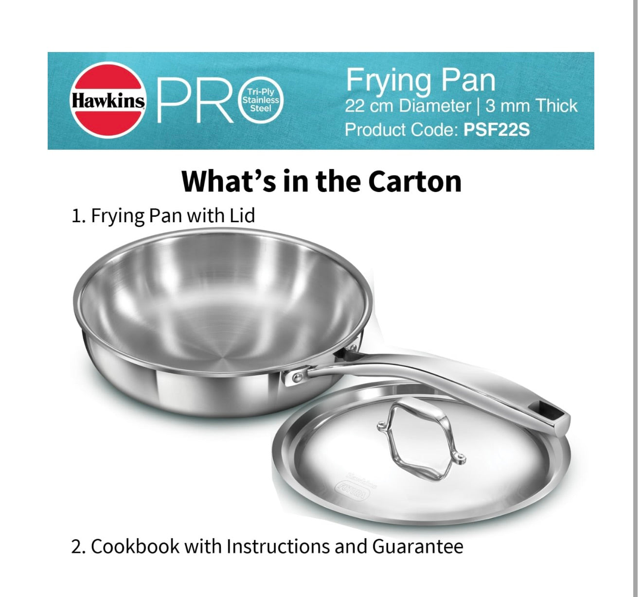 Hawkins Pro 22 cm Frying Pan, Triply Stainless Steel Fry Pan with Stainless Steel Handle and Stainless Steel Lid, Silver (PSF22S)