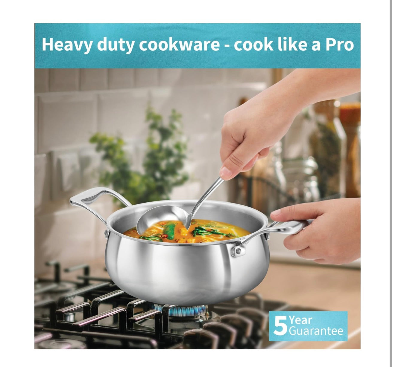 Hawkins Pro 2 Litre Handi with Lid, Triply Stainless Steel Sauce Pan for Cooking and Serving Biriyani, Silver (PSH20S)