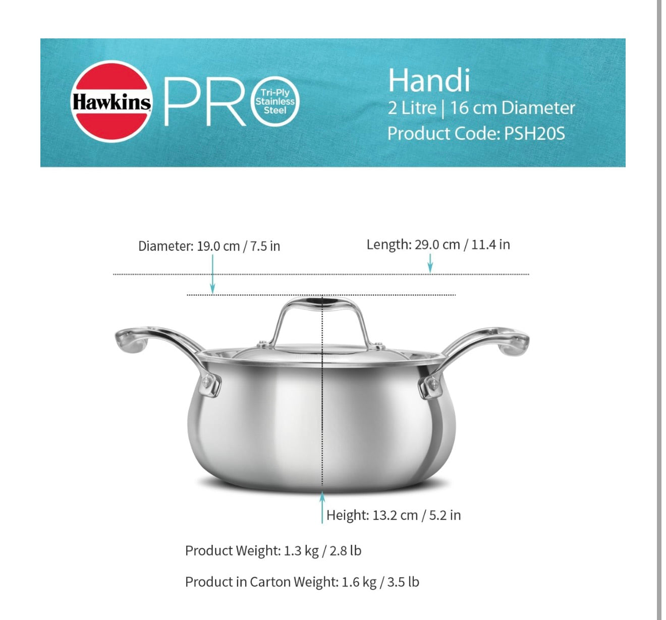 Hawkins Pro 2 Litre Handi with Lid, Triply Stainless Steel Sauce Pan for Cooking and Serving Biriyani, Silver (PSH20S)