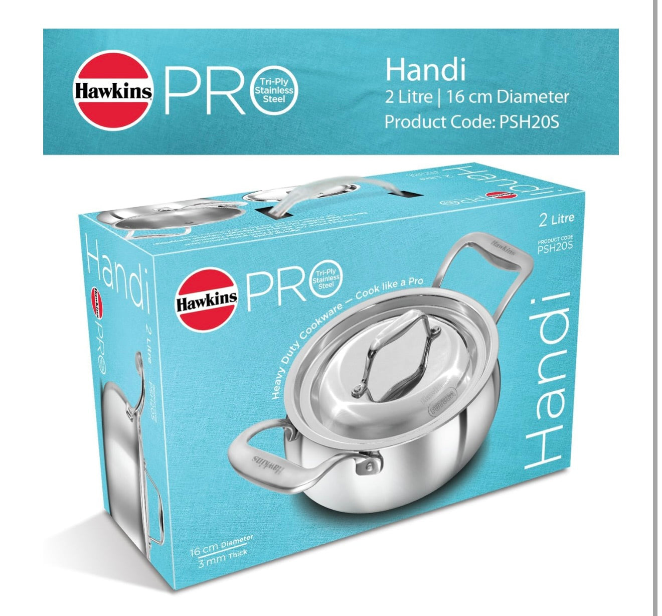 Hawkins Pro 2 Litre Handi with Lid, Triply Stainless Steel Sauce Pan for Cooking and Serving Biriyani, Silver (PSH20S)