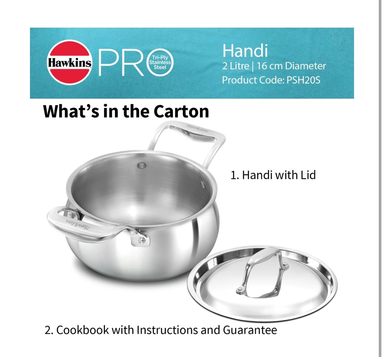 Hawkins Pro 2 Litre Handi with Lid, Triply Stainless Steel Sauce Pan for Cooking and Serving Biriyani, Silver (PSH20S)