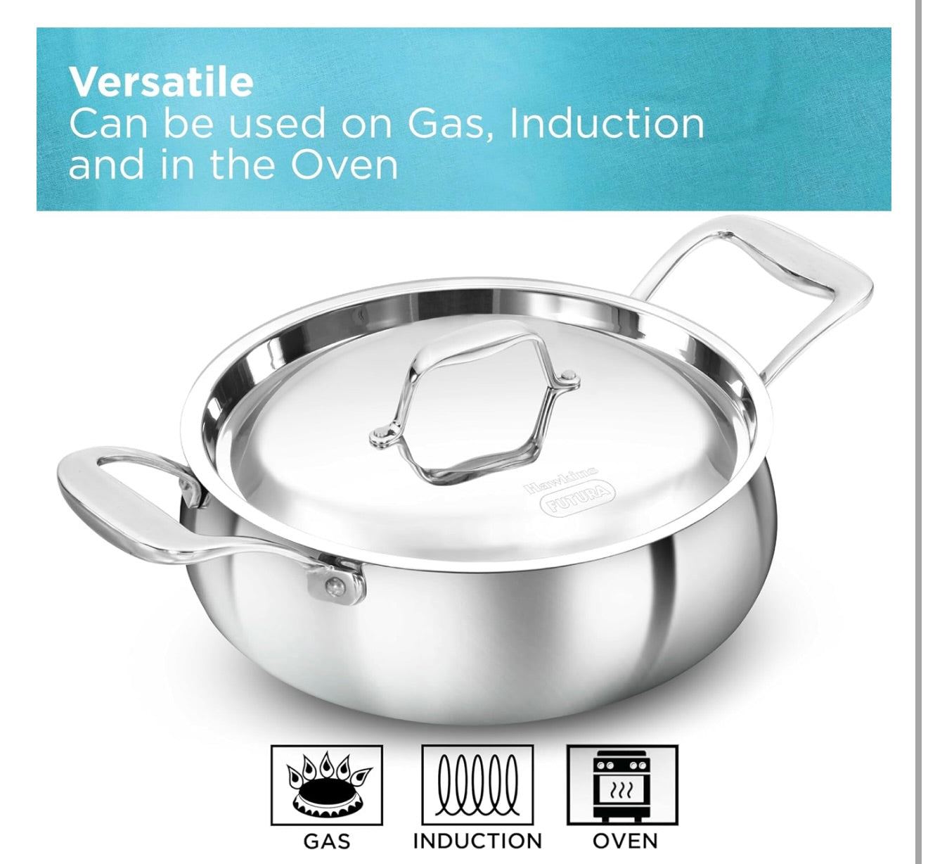 Hawkins 3L Pro Triply Stainless Steel Handi with Steel Handles and Steel Lid, Silver (PSH30S)