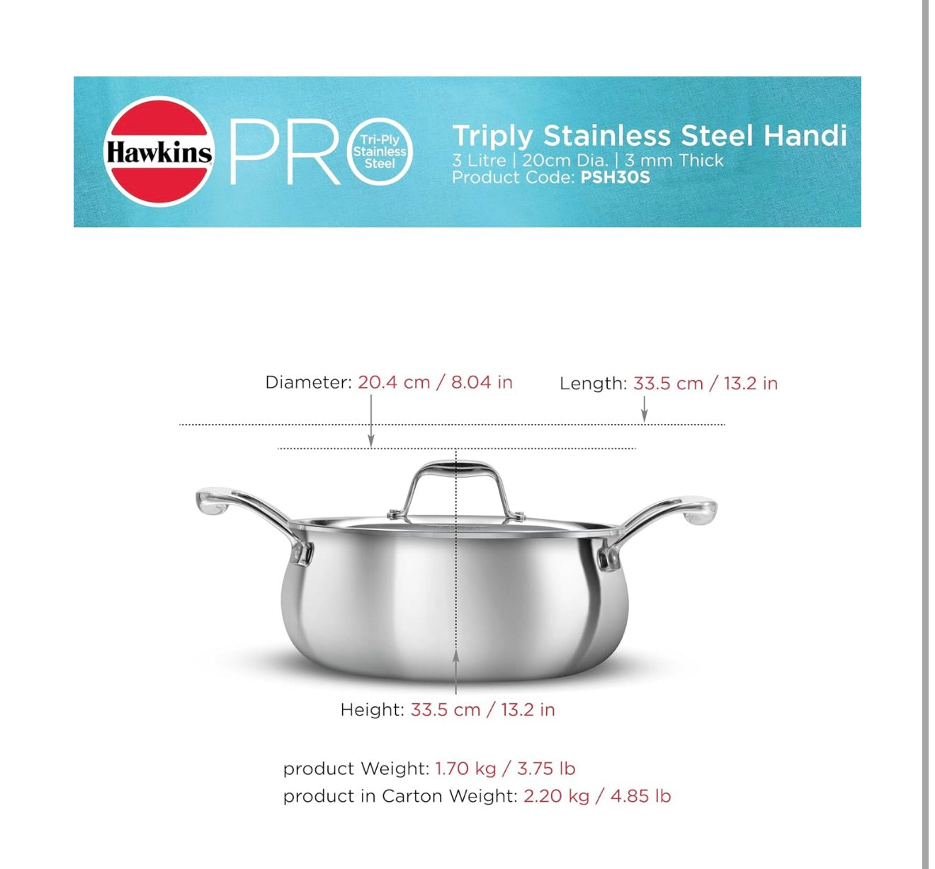 Hawkins 3L Pro Triply Stainless Steel Handi with Steel Handles and Steel Lid, Silver (PSH30S)