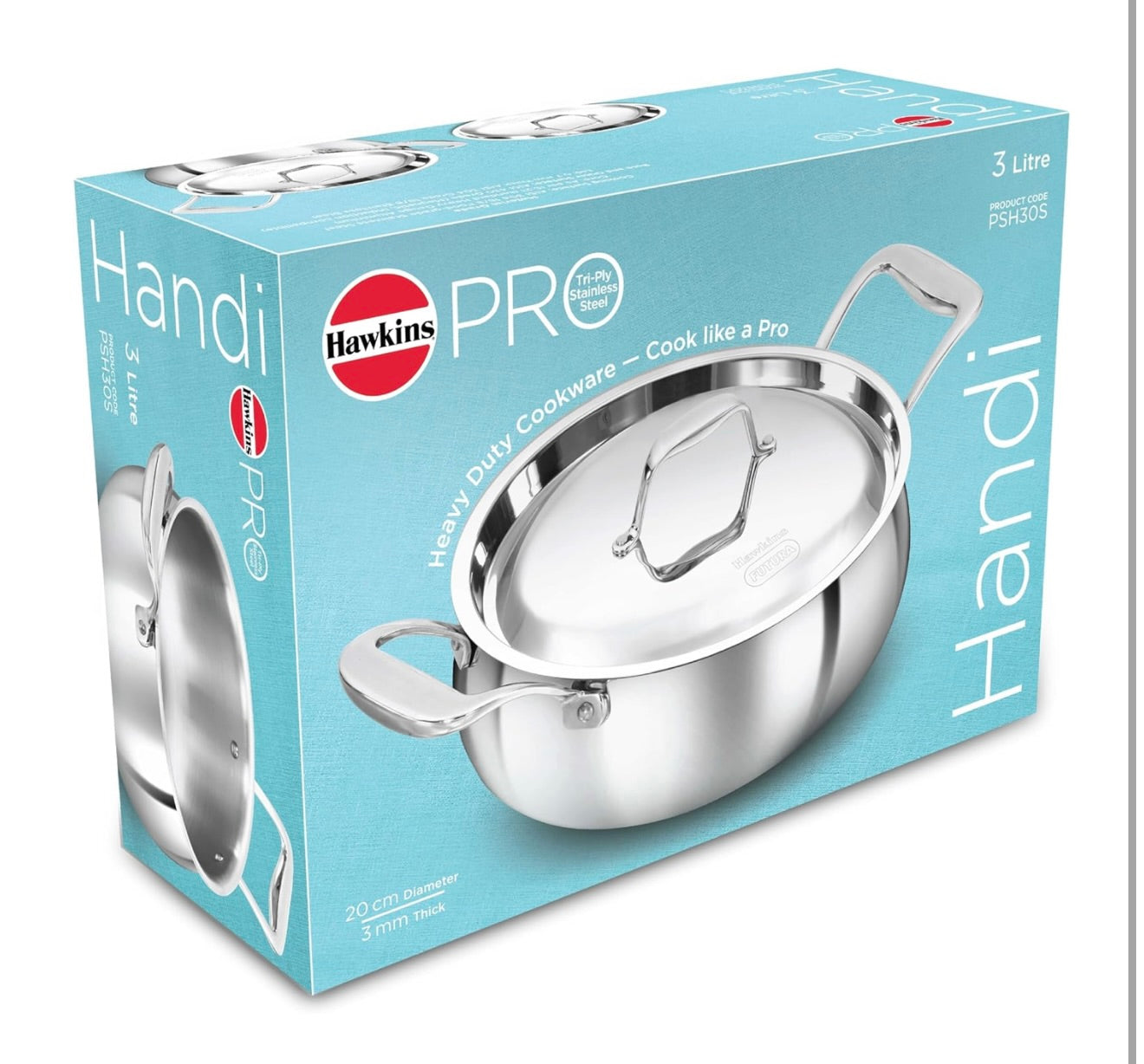 Hawkins 3L Pro Triply Stainless Steel Handi with Steel Handles and Steel Lid, Silver (PSH30S)