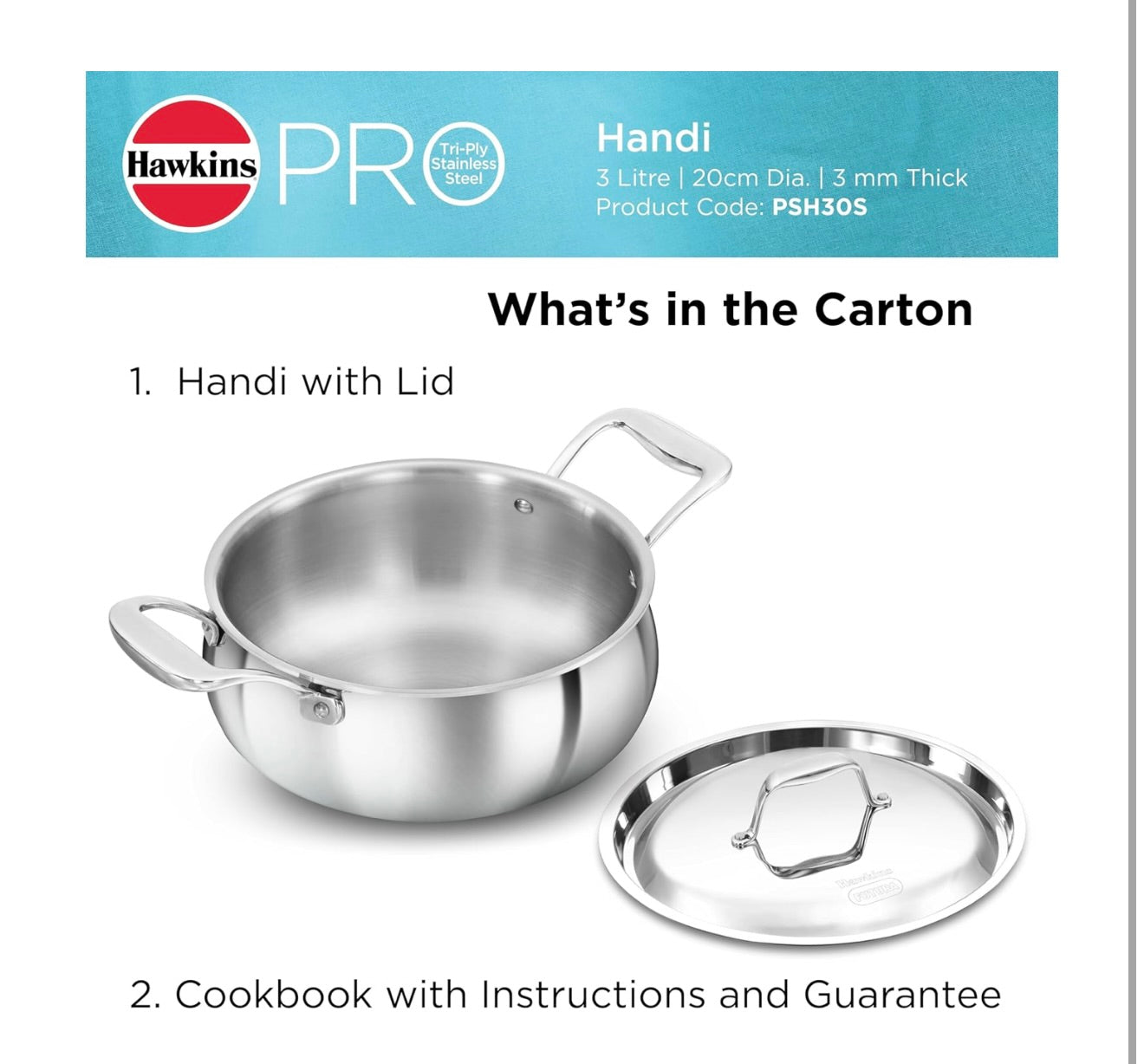 Hawkins 3L Pro Triply Stainless Steel Handi with Steel Handles and Steel Lid, Silver (PSH30S)