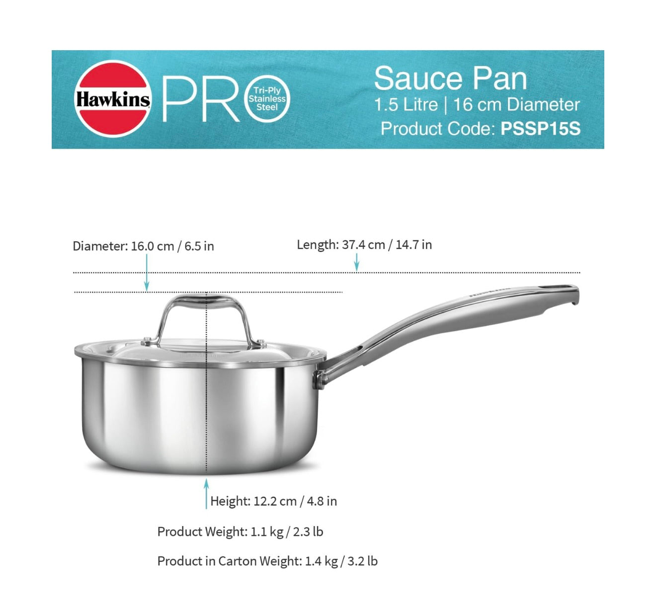 Hawkins Pro 1.5 Litre Sauce Pan, Tri-Ply Stainless Steel Tea Pan/Milk Pan with Stainless Steel Lid, Silver (PSSP15S)