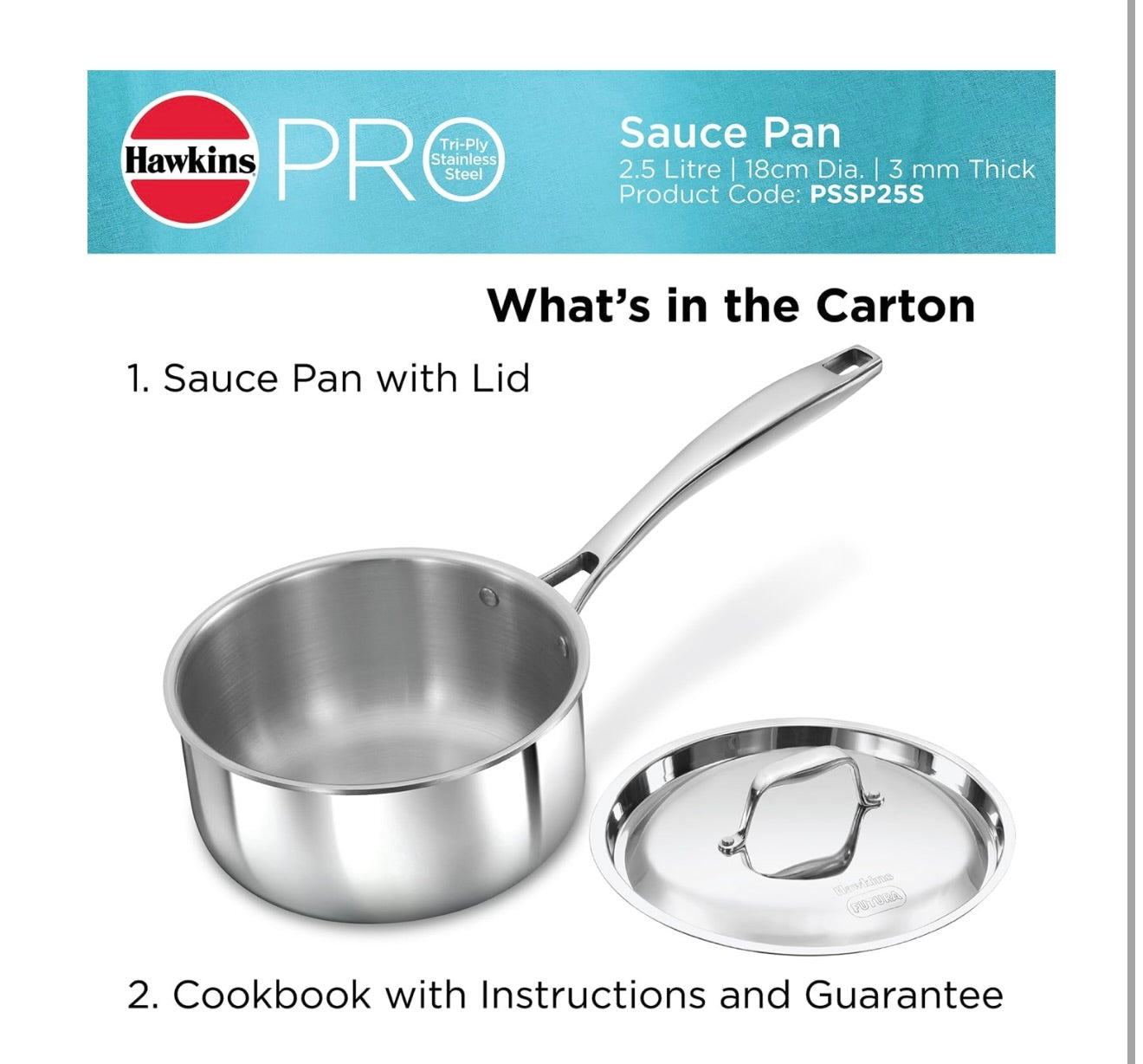 Hawkins Pro 2.5 Litre Sauce Pan, Triply Sauce Pan with Stainless Steel Handle and Stainless Steel Lid, Silver (PSSP25S)