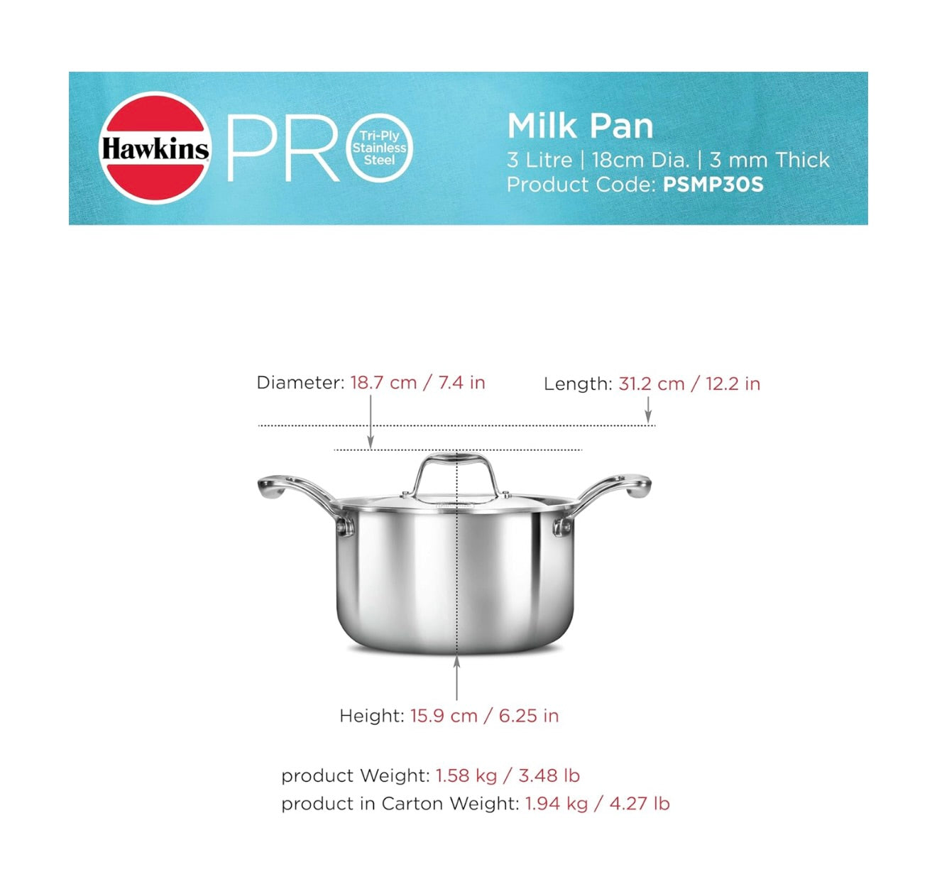 Hawkins 3 Litre Pro TriPly Stainless Steel Milk Pan with Stainless Steel Lid, Milk Pot, Sauce Pan, Silver (PSMP30S)