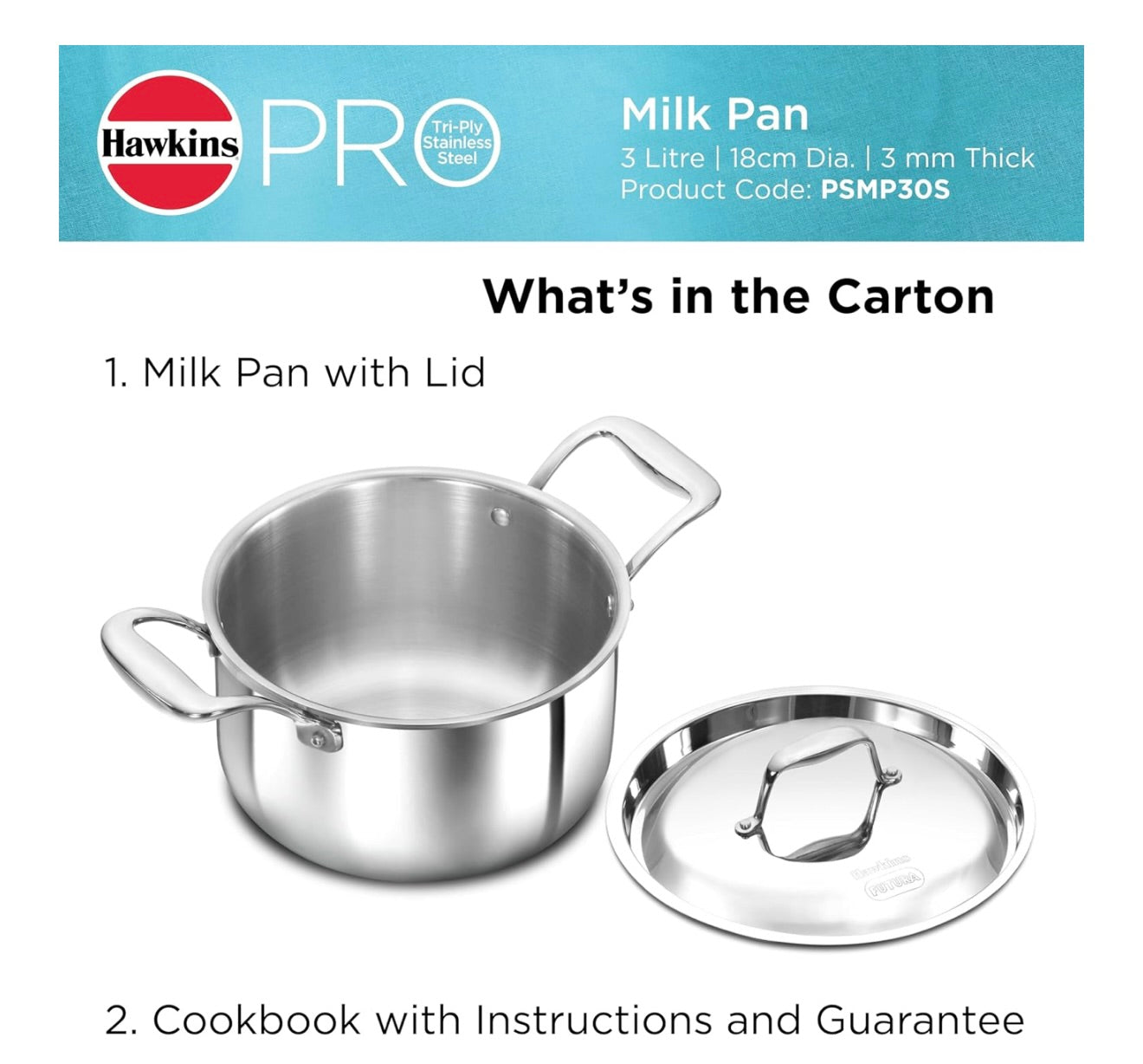 Hawkins 3 Litre Pro TriPly Stainless Steel Milk Pan with Stainless Steel Lid, Milk Pot, Sauce Pan, Silver (PSMP30S)