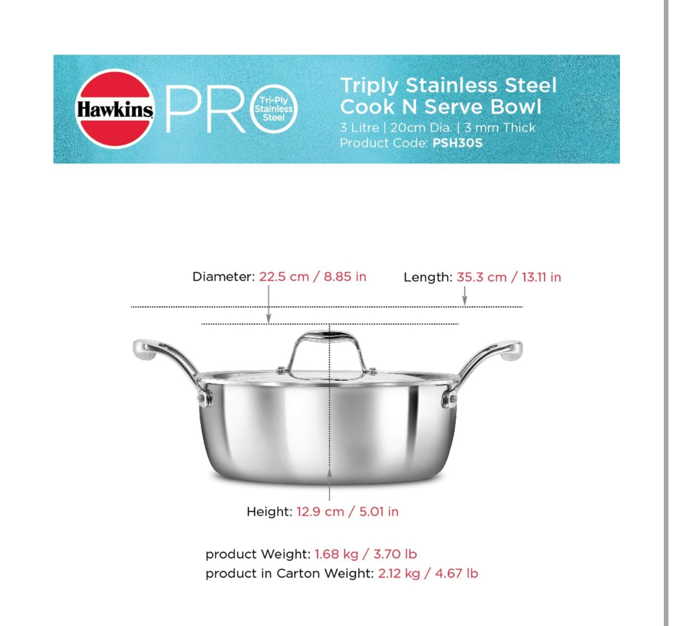 Hawkins 3L Pro Triply Stainless Steel Cook N Serve Bowl with Steel Lid, Silver (PSC30S)