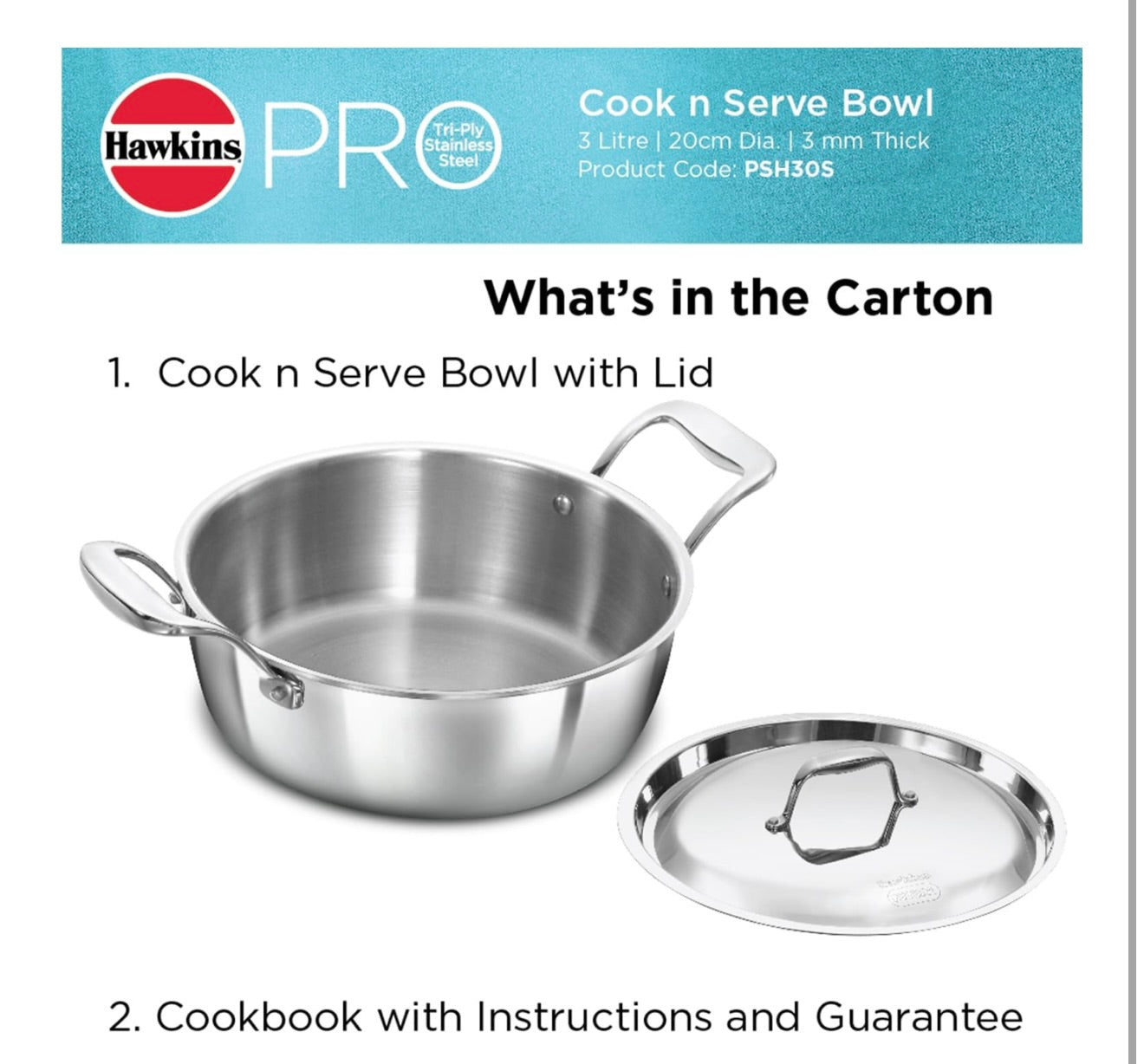 Hawkins 3L Pro Triply Stainless Steel Cook N Serve Bowl with Steel Lid, Silver (PSC30S)