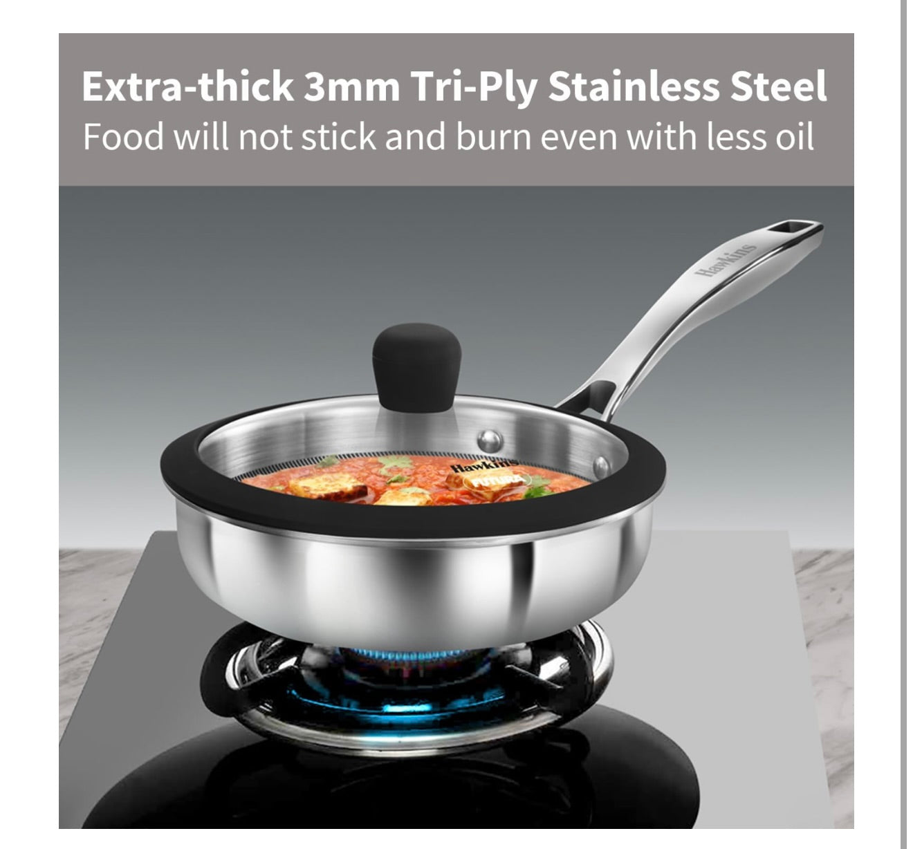 Hawkins Pro 18 cm Shielded Nonstick Triply Frying Pan, Fry Pan with Stainless Steel Handle and Glass Lid, Silver (PSNF18G)