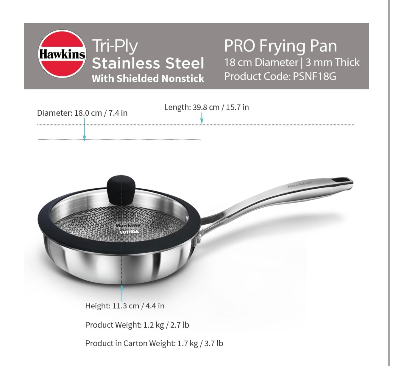 Hawkins Pro 18 cm Shielded Nonstick Triply Frying Pan, Fry Pan with Stainless Steel Handle and Glass Lid, Silver (PSNF18G)