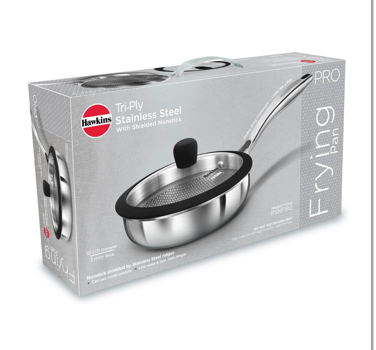 Hawkins Pro 18 cm Shielded Nonstick Triply Frying Pan, Fry Pan with Stainless Steel Handle and Glass Lid, Silver (PSNF18G)