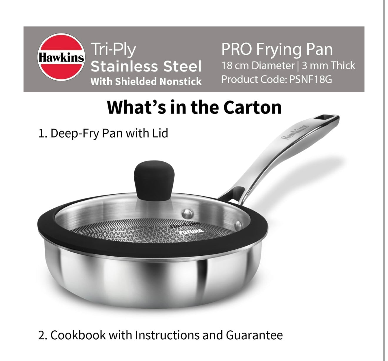 Hawkins Pro 18 cm Shielded Nonstick Triply Frying Pan, Fry Pan with Stainless Steel Handle and Glass Lid, Silver (PSNF18G)