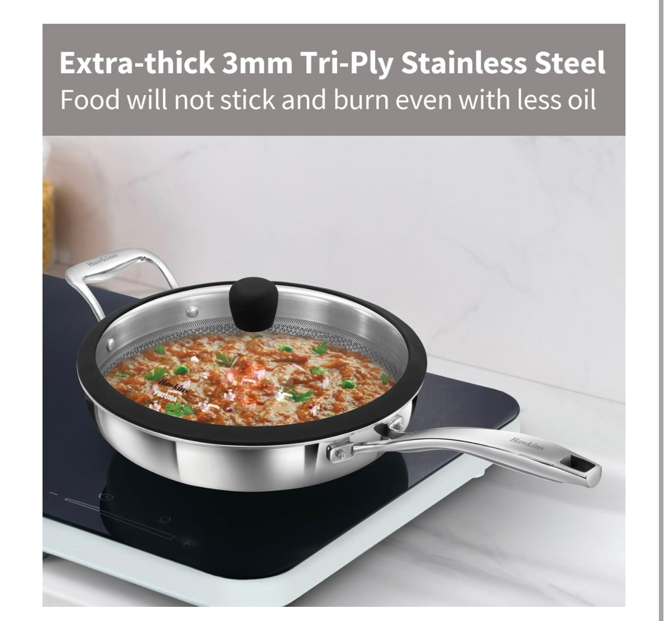 Hawkins Pro SS Tri-Ply with Shielded Nonstick 26cm Frying Pan  with Stainless Steel Handle and Glass Lid (PSNF26G)