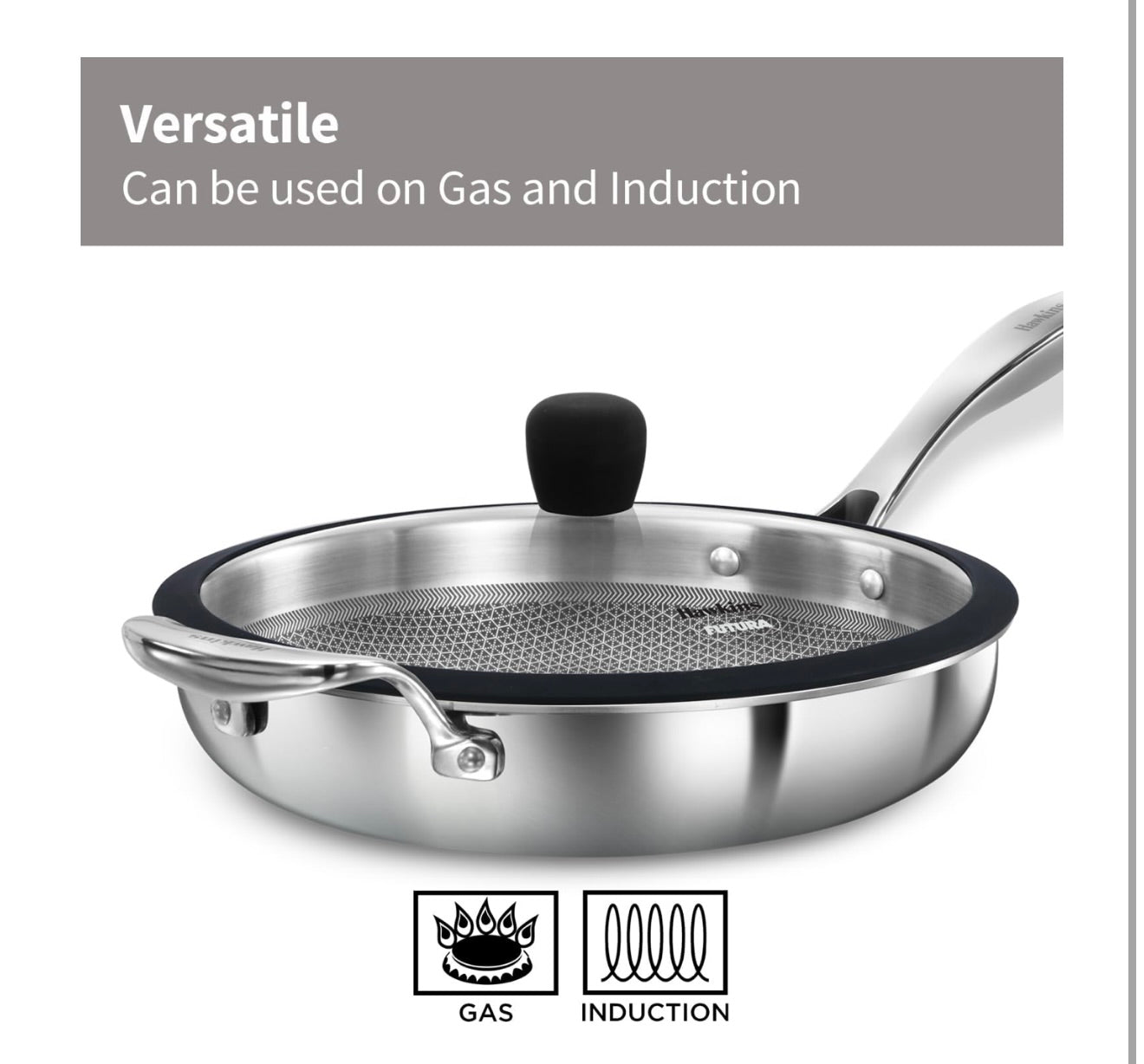 Hawkins Pro SS Tri-Ply with Shielded Nonstick 26cm Frying Pan  with Stainless Steel Handle and Glass Lid (PSNF26G)