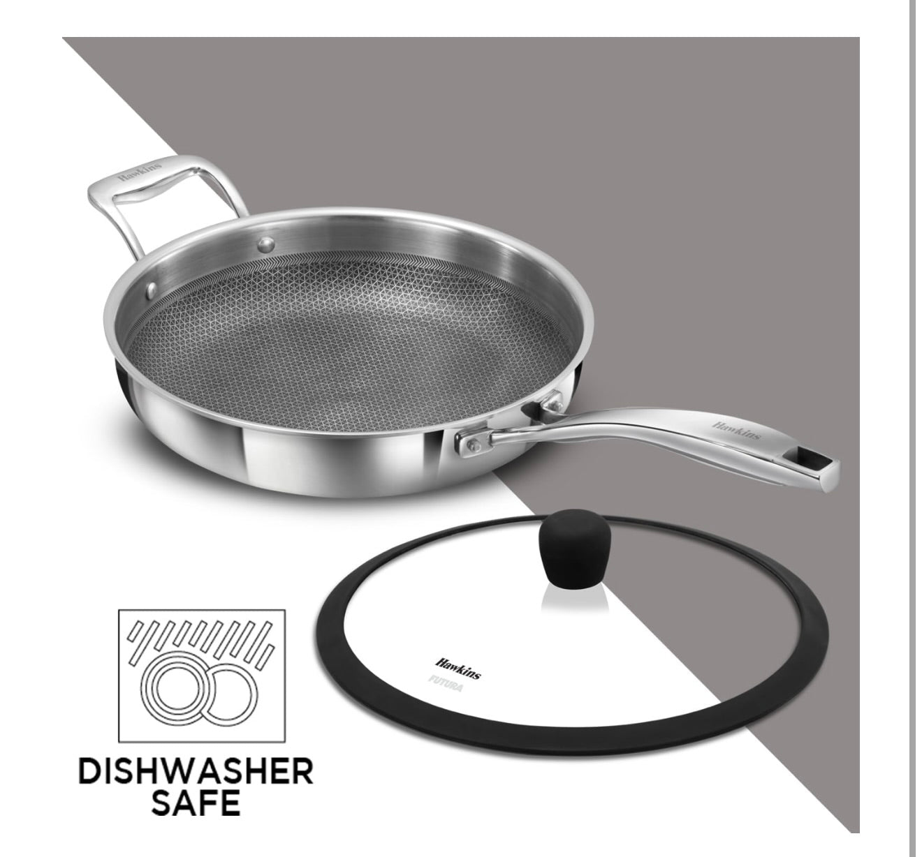 Hawkins Pro SS Tri-Ply with Shielded Nonstick 26cm Frying Pan  with Stainless Steel Handle and Glass Lid (PSNF26G)
