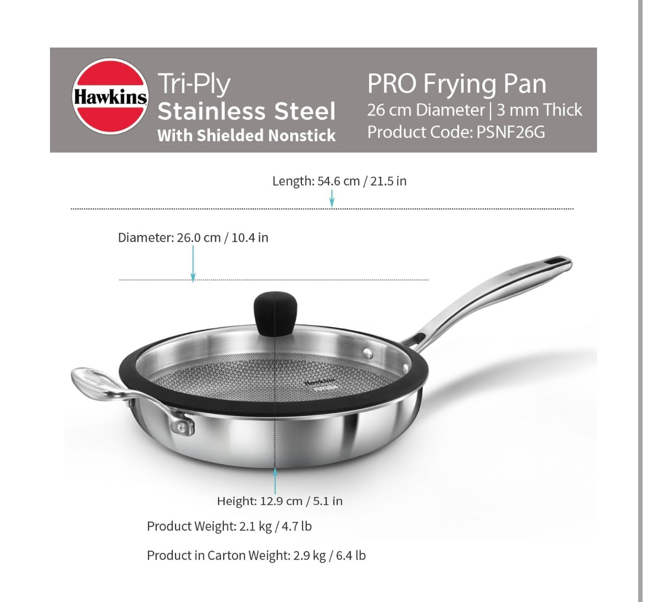 Hawkins Pro SS Tri-Ply with Shielded Nonstick 26cm Frying Pan  with Stainless Steel Handle and Glass Lid (PSNF26G)
