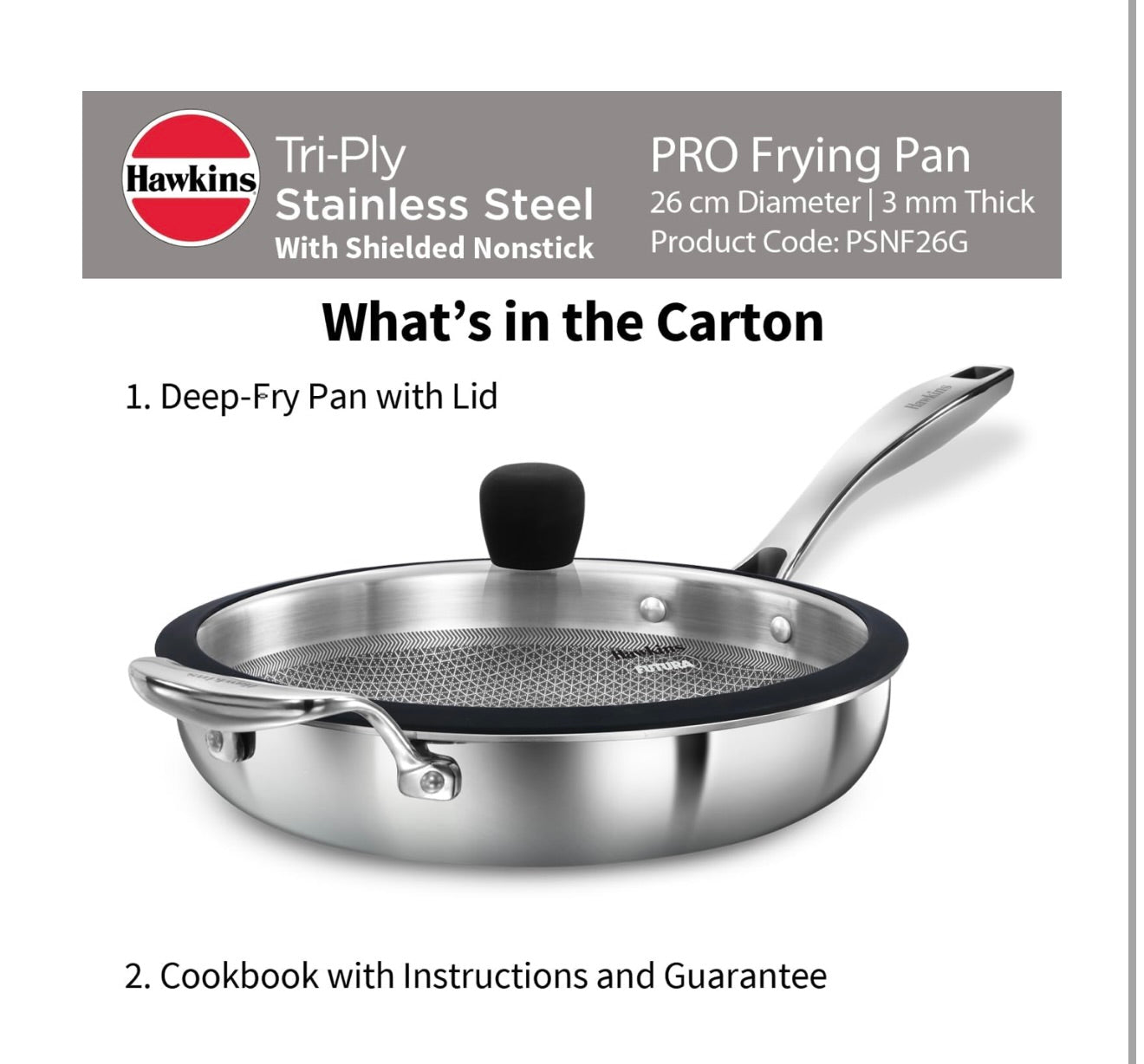 Hawkins Pro SS Tri-Ply with Shielded Nonstick 26cm Frying Pan  with Stainless Steel Handle and Glass Lid (PSNF26G)