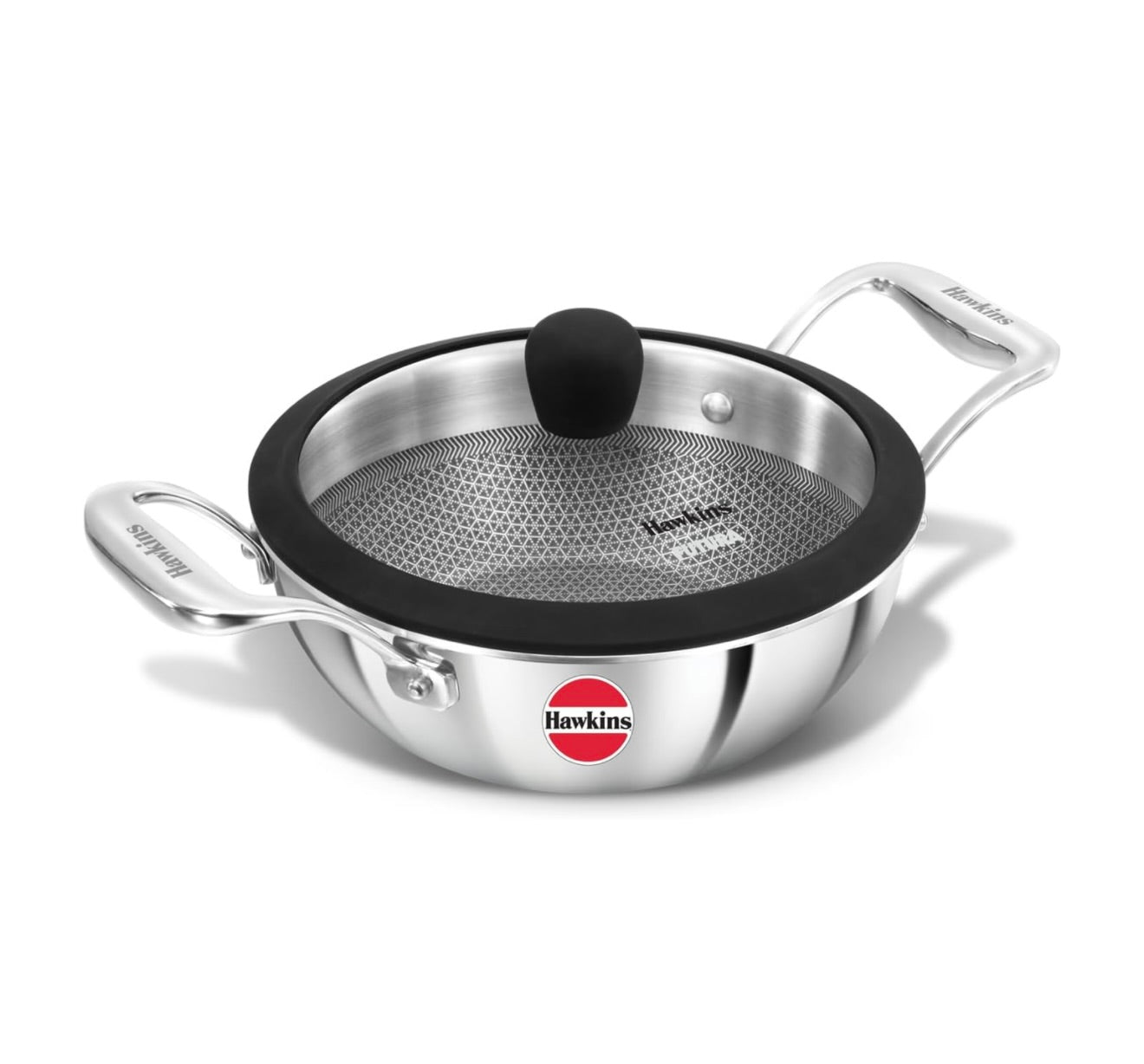 Hawkins Pro 1.5 Litre Shielded Nonstick Triply Deep-Fry Pan, Kadhai with Stainless Steel Handles and Glass Lid, Silver (PSNK15G), 18 cm