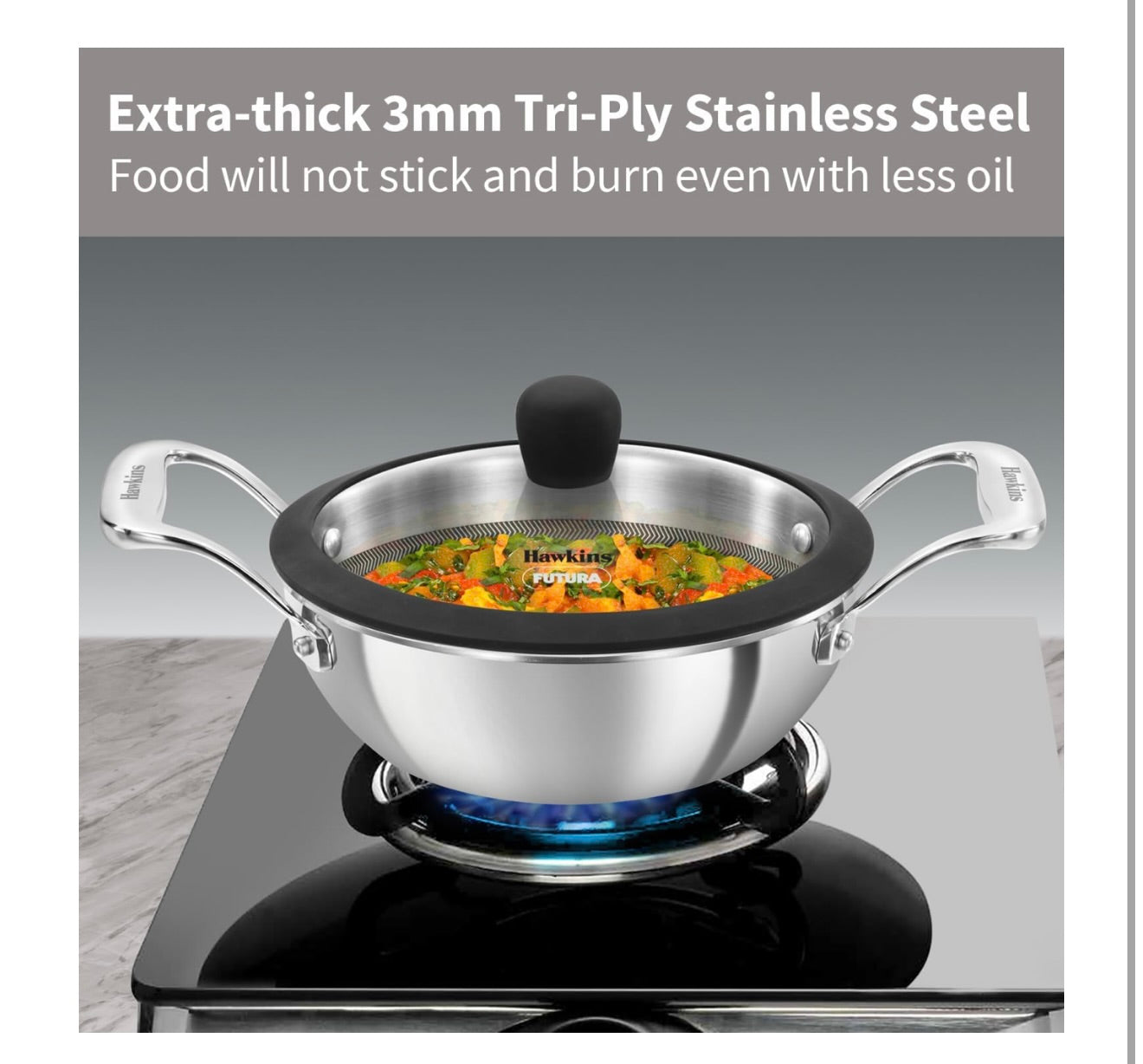 Hawkins Pro 1.5 Litre Shielded Nonstick Triply Deep-Fry Pan, Kadhai with Stainless Steel Handles and Glass Lid, Silver (PSNK15G), 18 cm