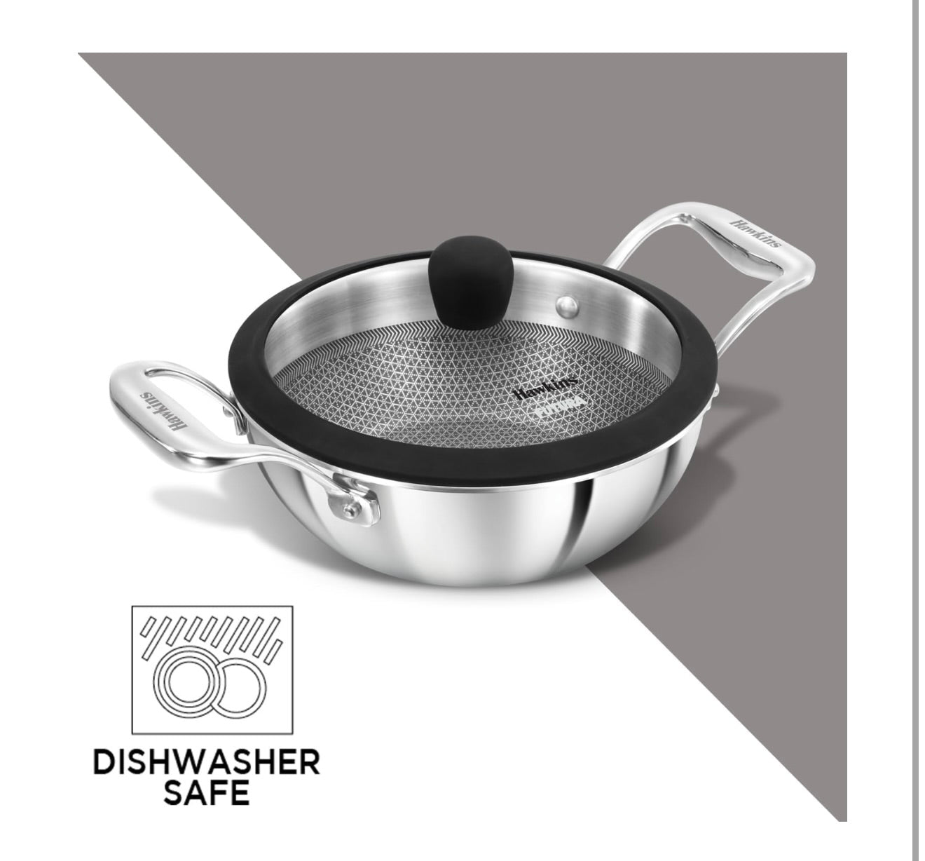 Hawkins Pro 1.5 Litre Shielded Nonstick Triply Deep-Fry Pan, Kadhai with Stainless Steel Handles and Glass Lid, Silver (PSNK15G), 18 cm