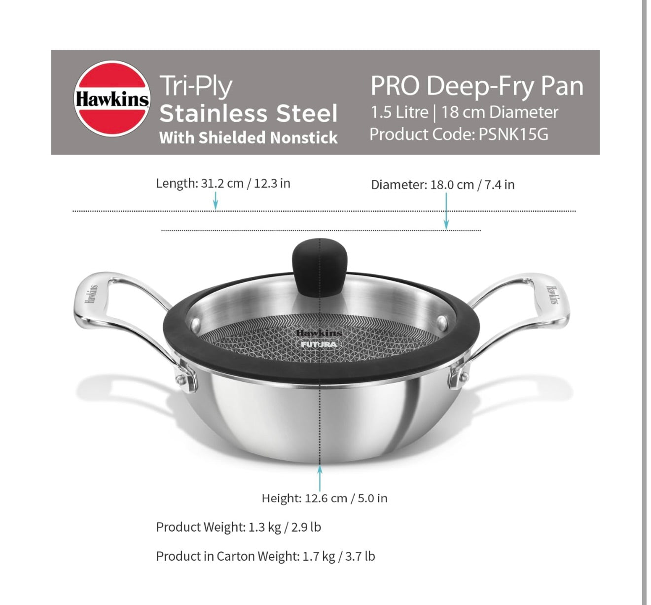 Hawkins Pro 1.5 Litre Shielded Nonstick Triply Deep-Fry Pan, Kadhai with Stainless Steel Handles and Glass Lid, Silver (PSNK15G), 18 cm