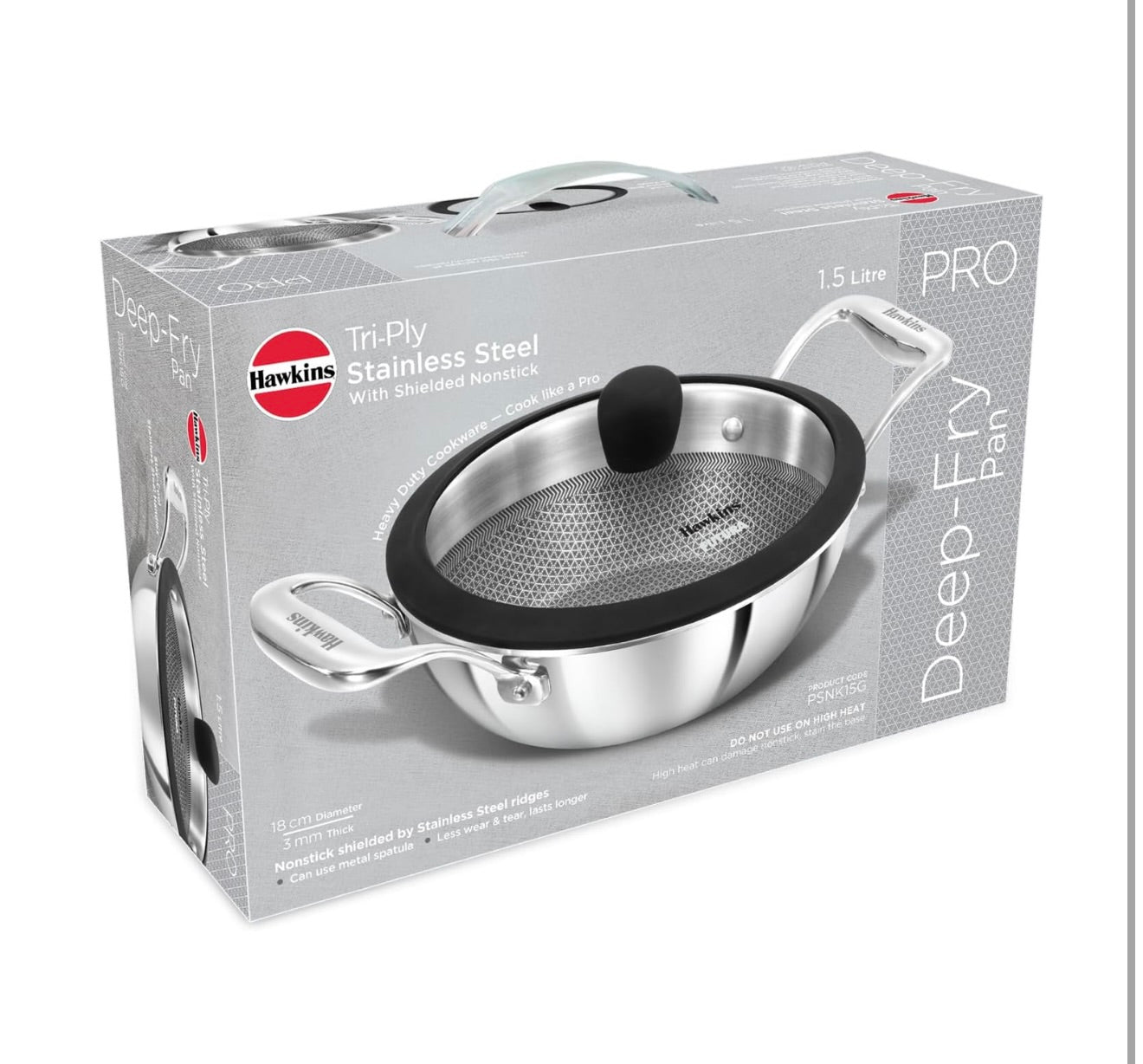 Hawkins Pro 1.5 Litre Shielded Nonstick Triply Deep-Fry Pan, Kadhai with Stainless Steel Handles and Glass Lid, Silver (PSNK15G), 18 cm