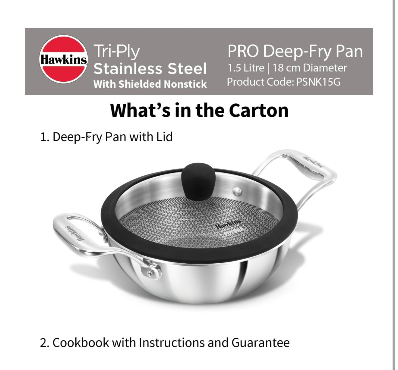 Hawkins Pro 1.5 Litre Shielded Nonstick Triply Deep-Fry Pan, Kadhai with Stainless Steel Handles and Glass Lid, Silver (PSNK15G), 18 cm