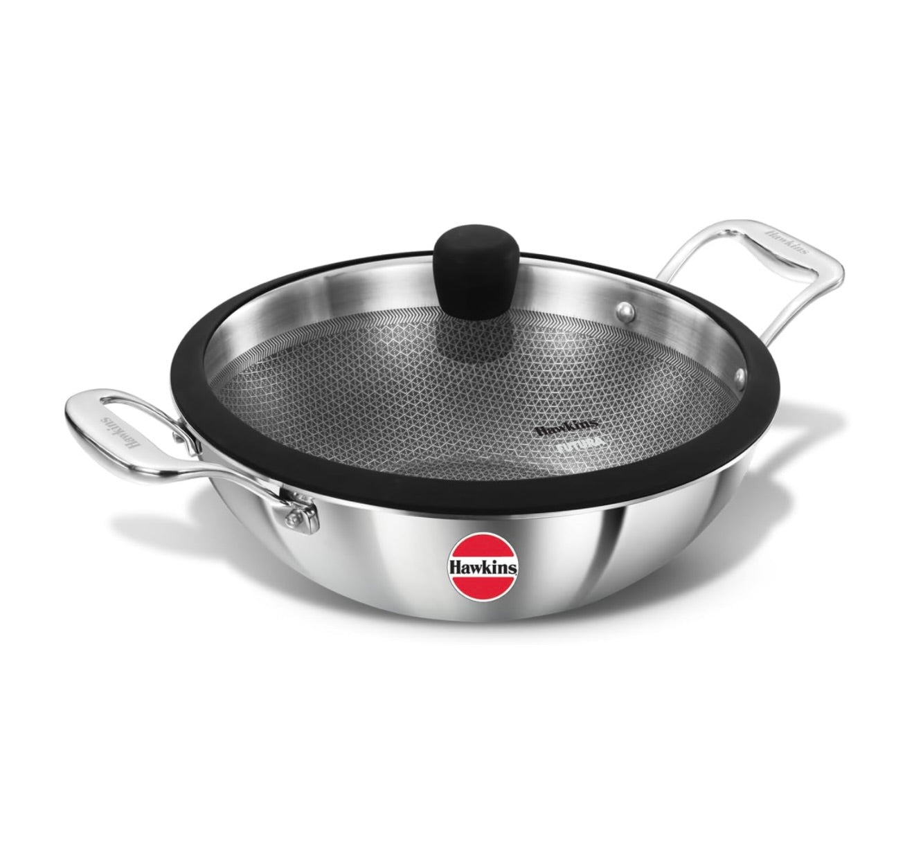 Hawkins Pro 3.5 Litre Shielded Nonstick Triply Deep-Fry Pan, Kadhai with Stainless Steel Handles and Glass Lid, Silver (PSNK35G), 26 cm
